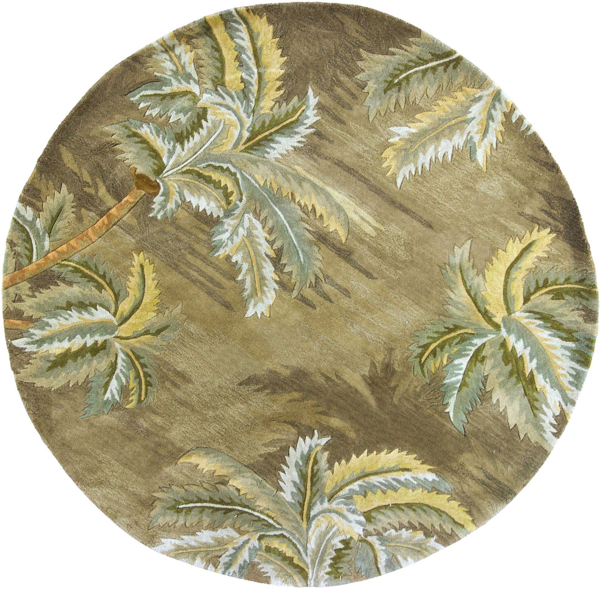 8' Moss Green Hand Tufted Tropical Trees Round Indoor Area Rug Default Title