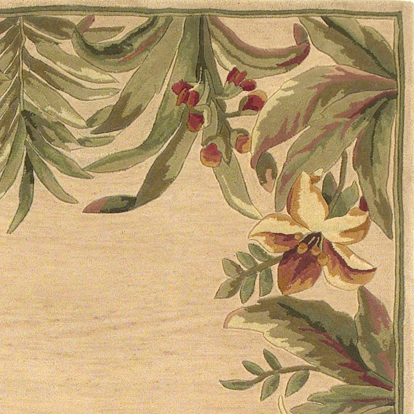 8' Ivory Hand Tufted Bordered Tropical Flowers Round Indoor Area Rug