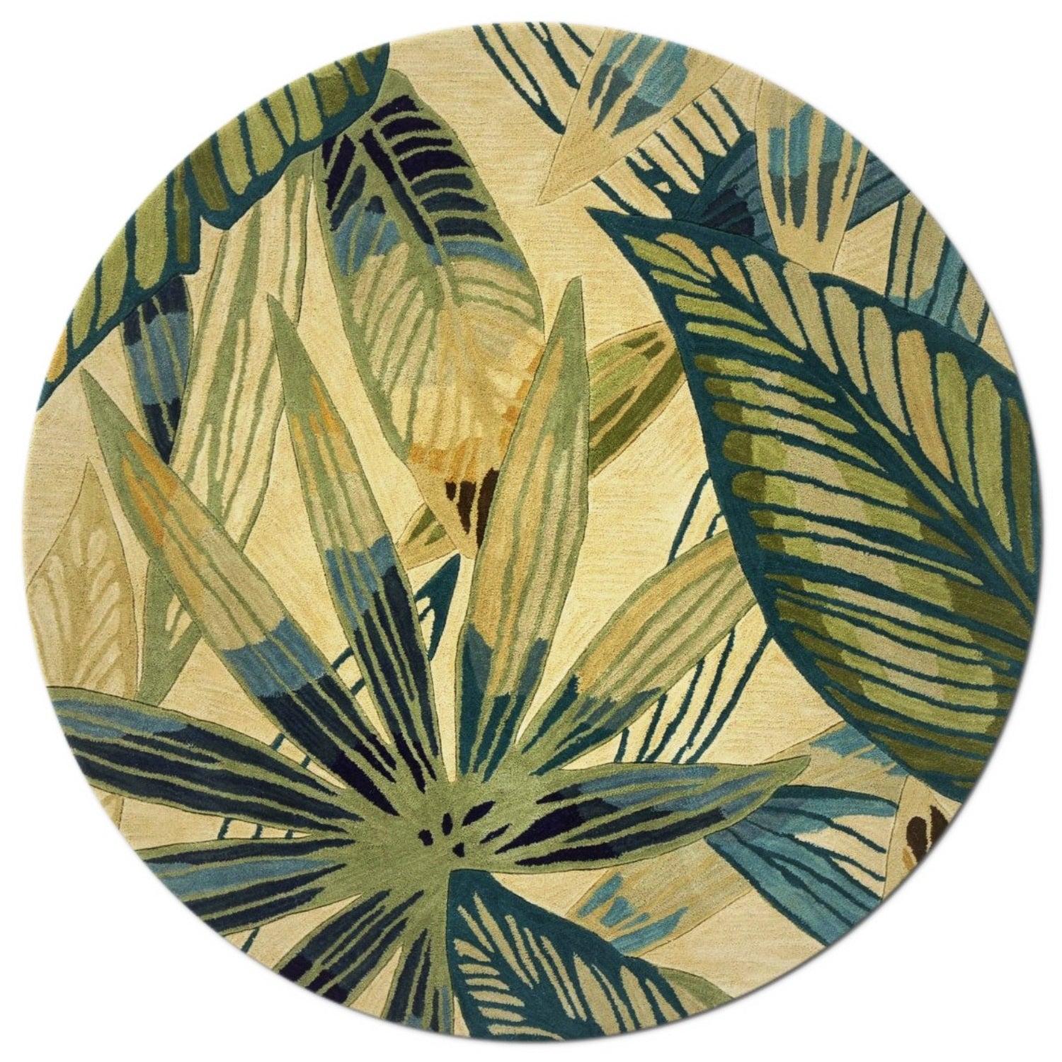 8' Ivory Teal Hand Tufted Tropical Leaves Round Indoor Area Rug Default Title