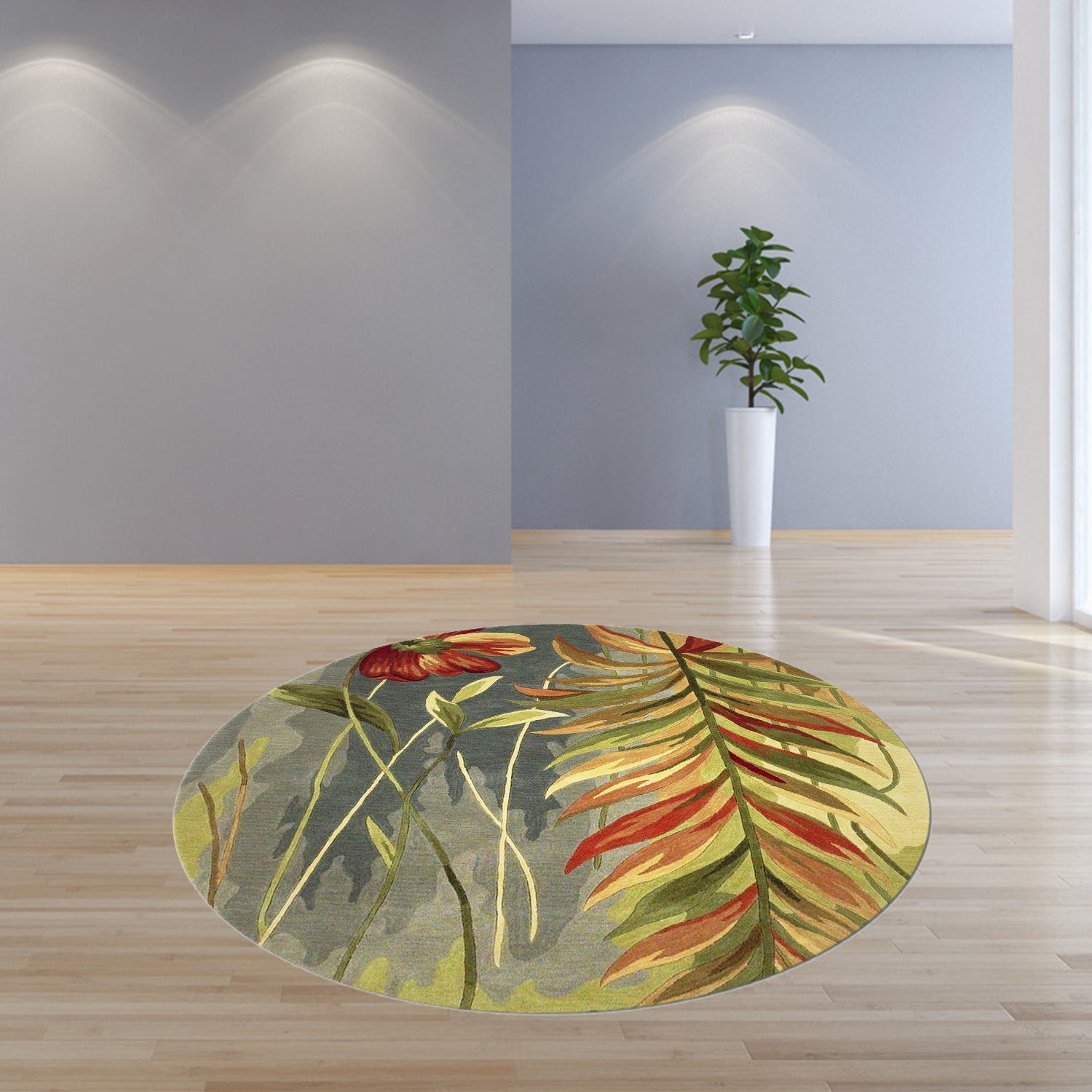 8' Blue Green Hand Tufted Tropical Plants Round Indoor Area Rug