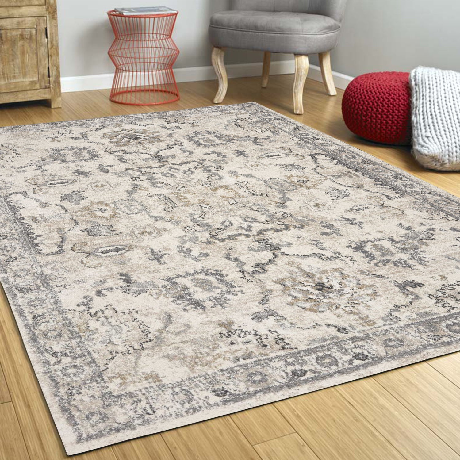 9'x13' Ivory Machine Woven Distressed Floral Traditional Indoor Area Rug