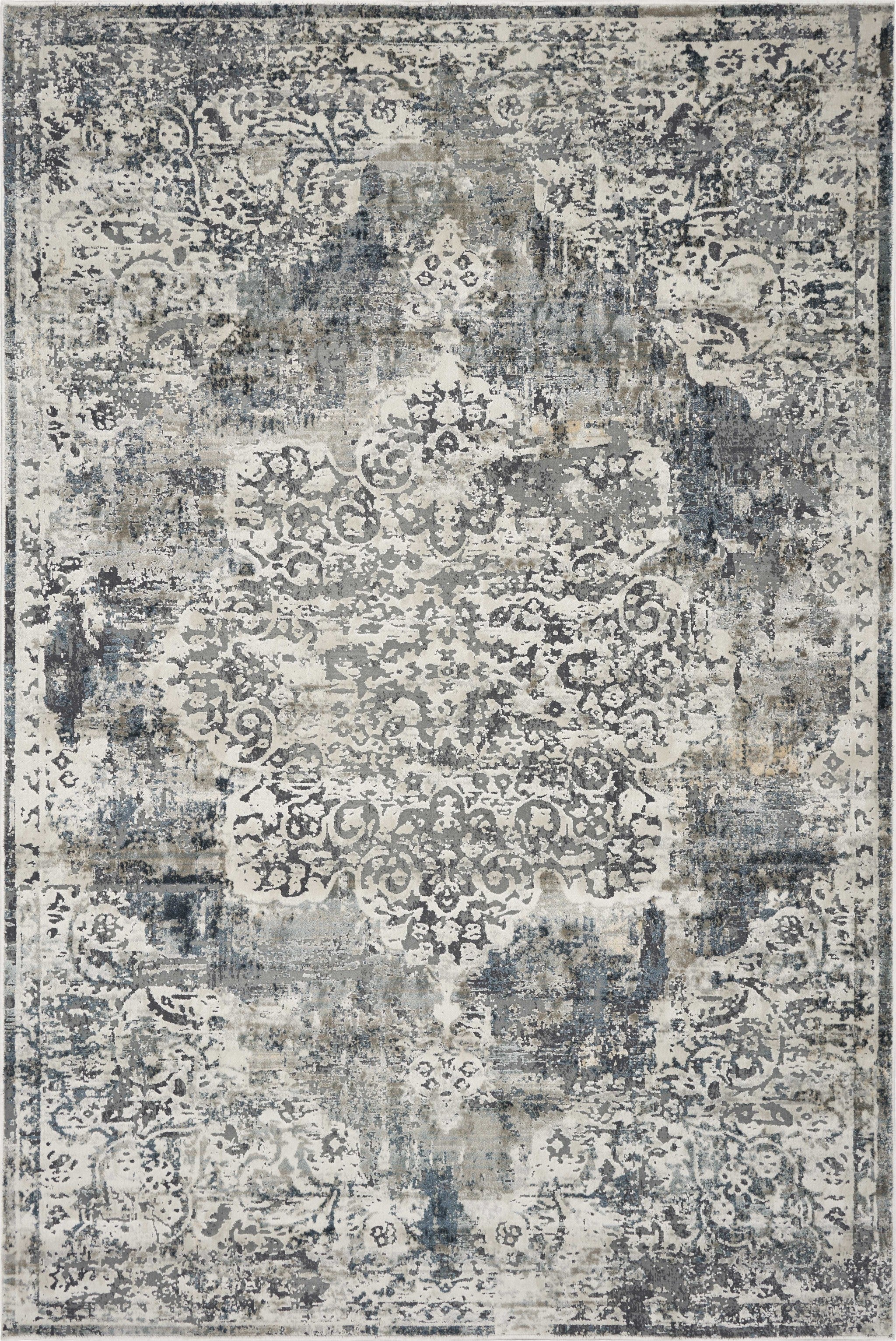 9'x13' Ivory Machine Woven Distressed Diamond Floral Medallion Indoor Area Rug