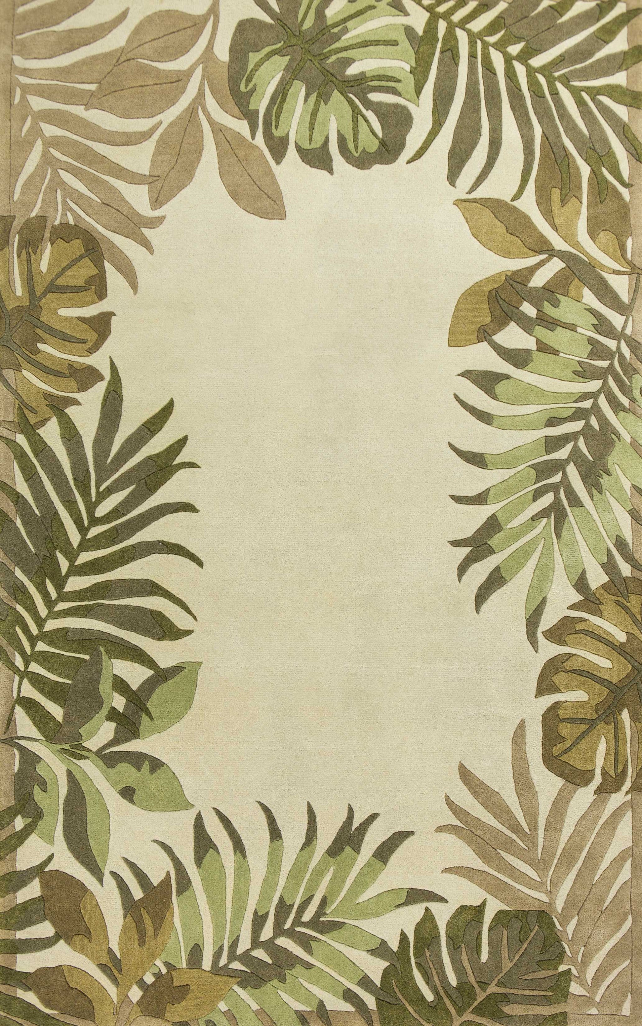 8'x11' Ivory Hand Tufted Bordered Tropical Leaves Indoor Area Rug Default Title