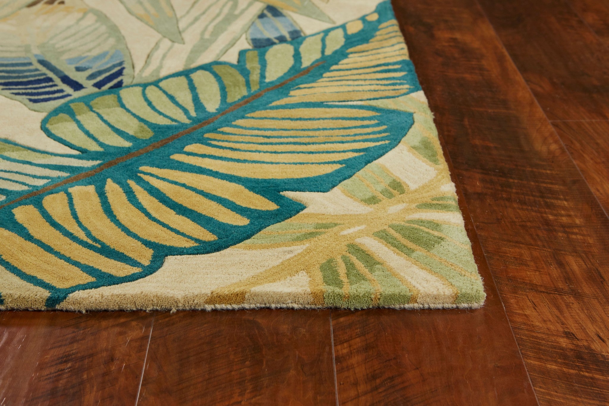 8' x 11'  Wool Ivory and Teal Tropical Area Rug