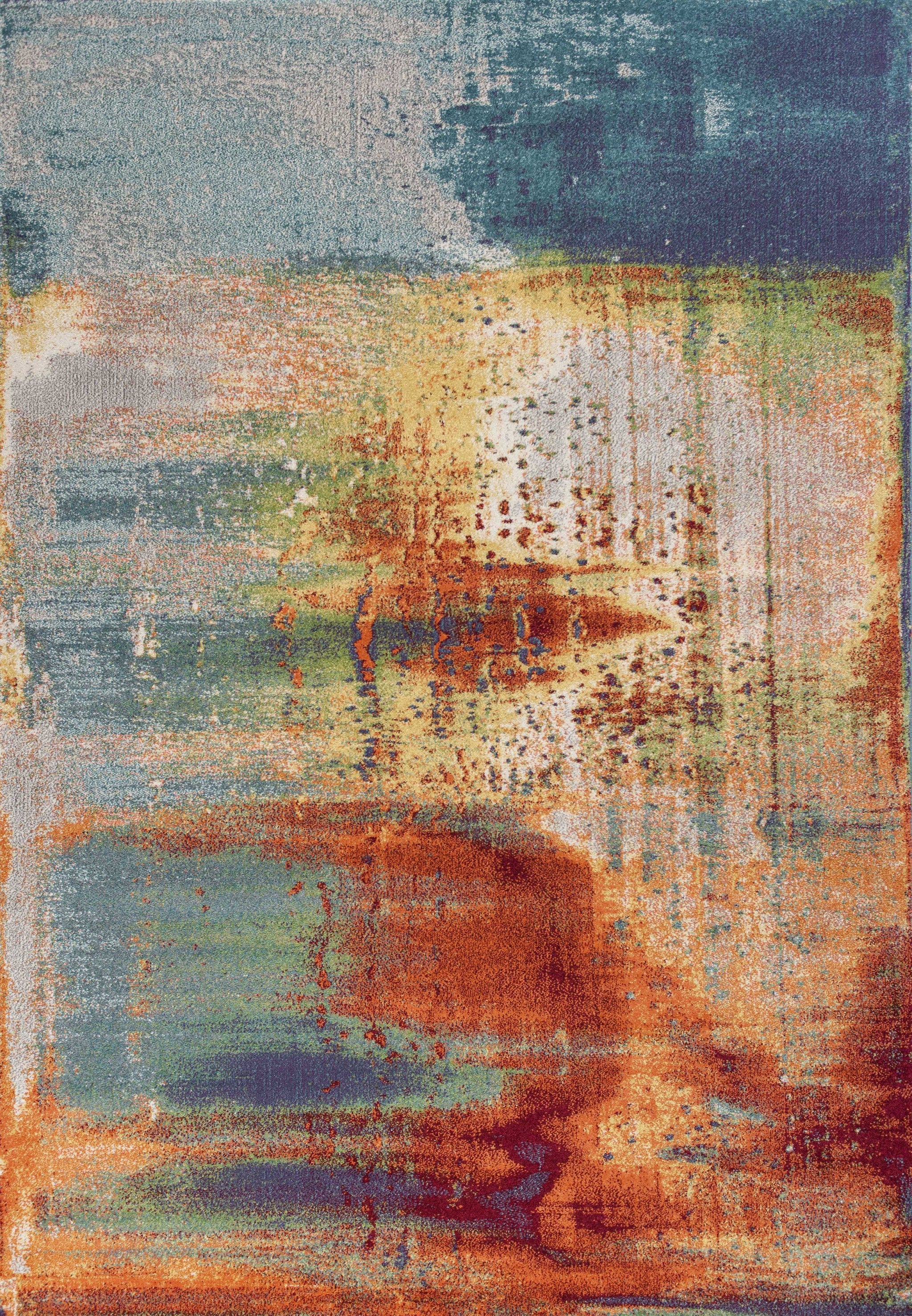 10'x13' Blue Rust Orange Machine Woven Abstract Brushstrokes Indoor Area Rug