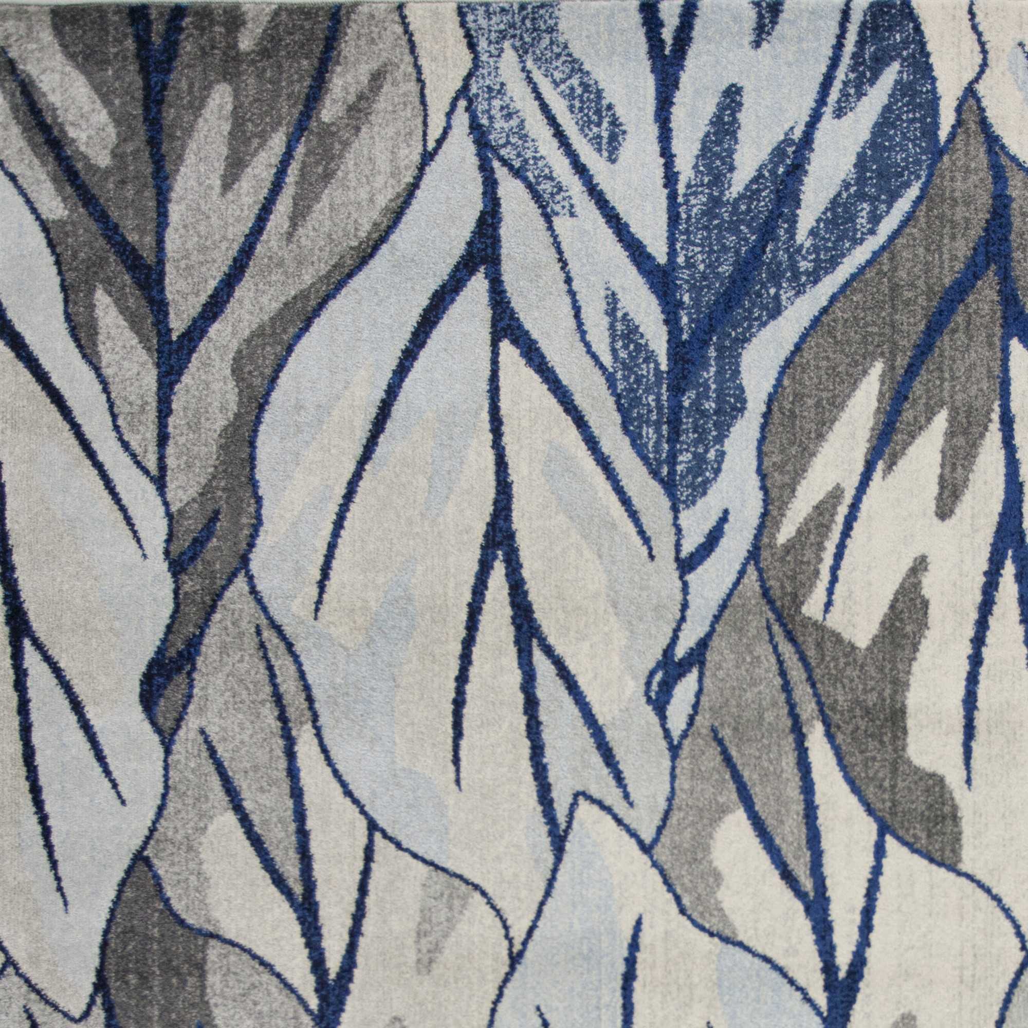 10'x13' Grey Navy Blue Machine Woven Tropical Leaves Indoor Area Rug