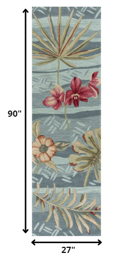 2' x 7' Seafoam Tropical Leaves Runner Rug