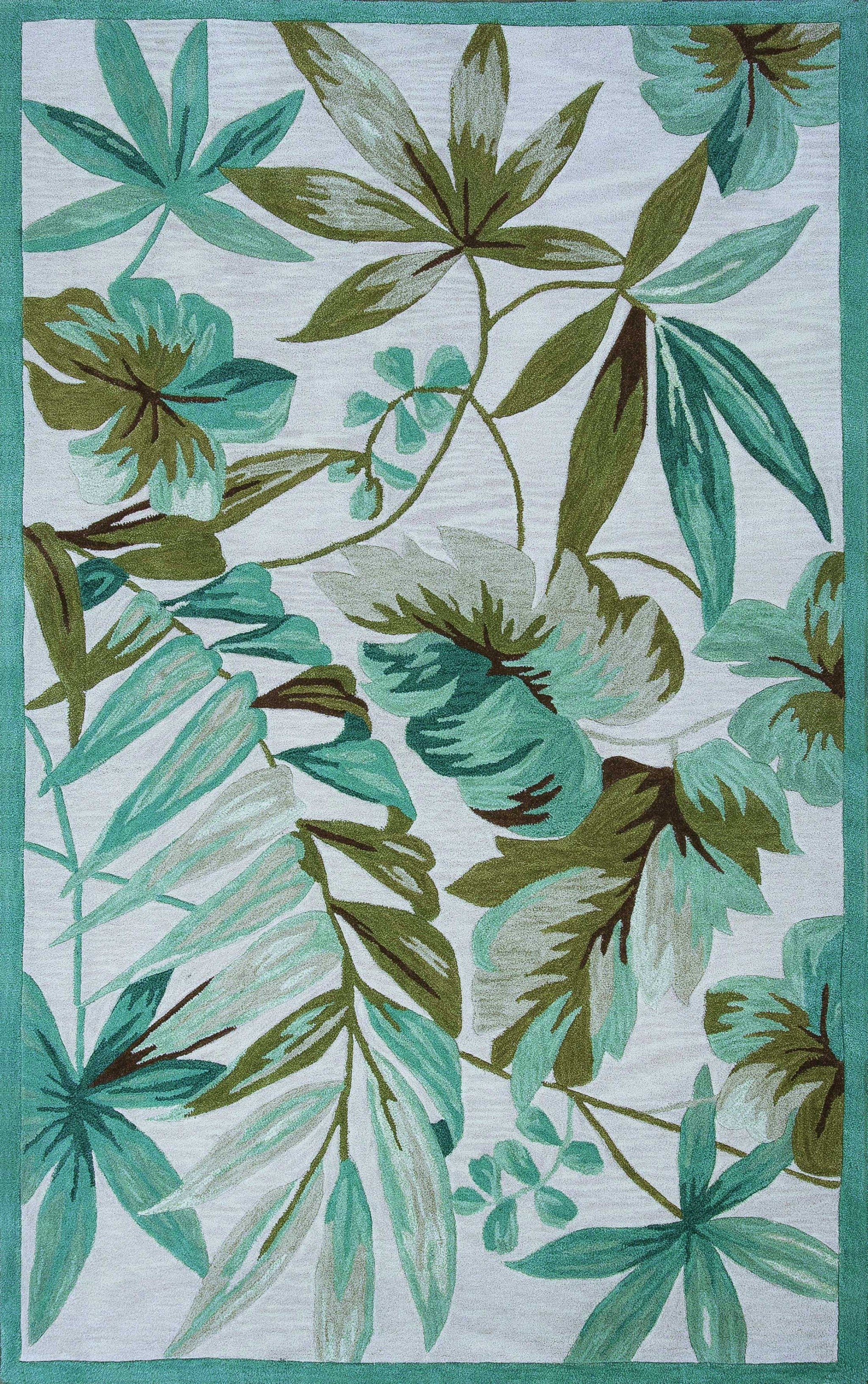 3'x5' Ivory Teal Hand Tufted Tropical Leaves Round Indoor Area Rug Default Title