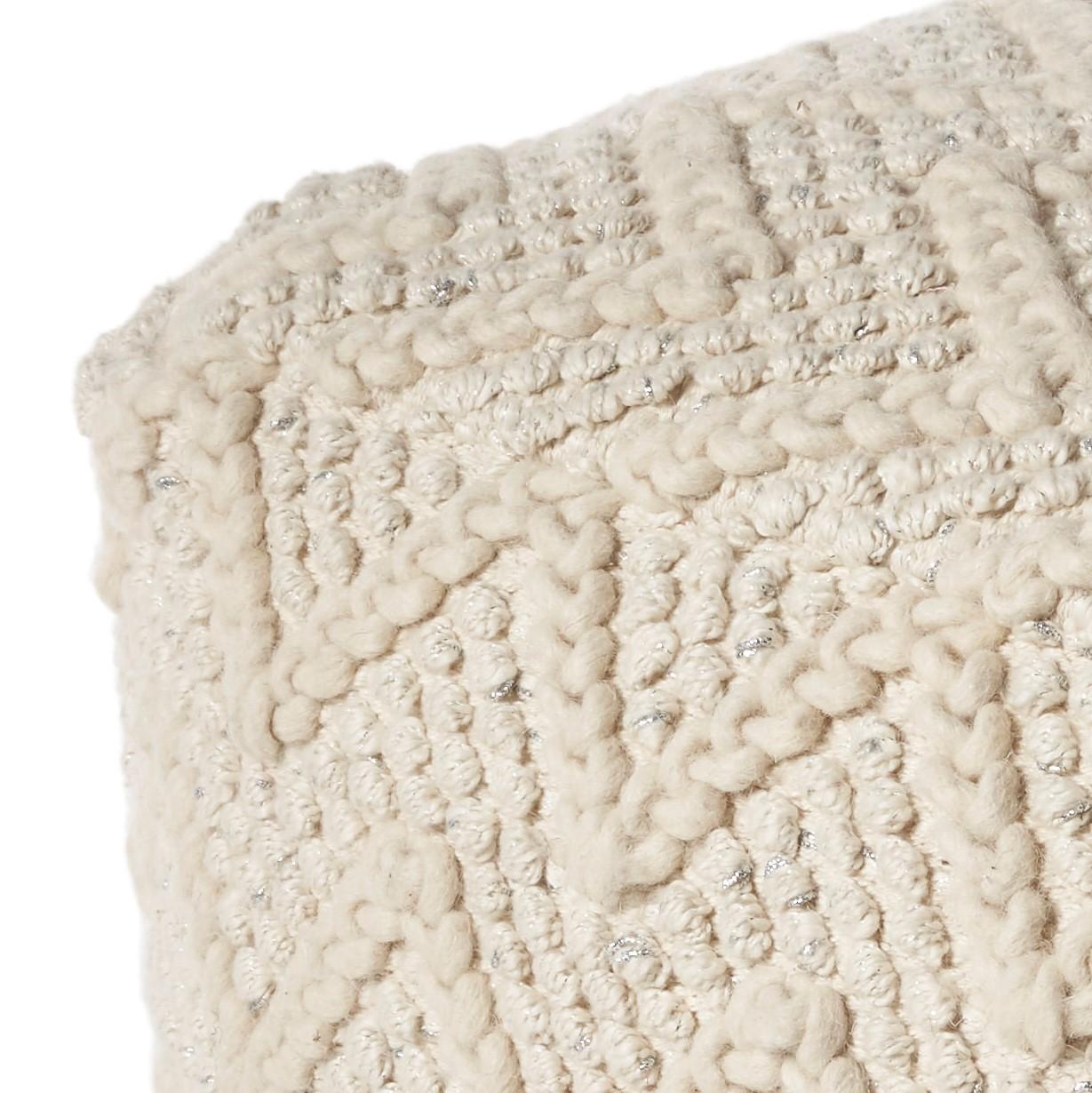 Ivory Hand Woven Wool Square Pouf With Chevron Pattern