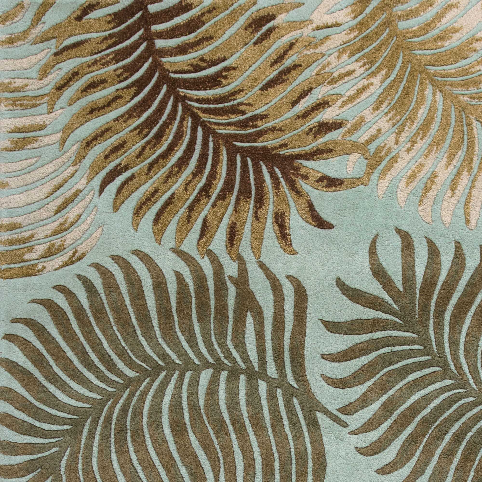 3' x 5' Aqua Fern Leaves Wool Area Rug