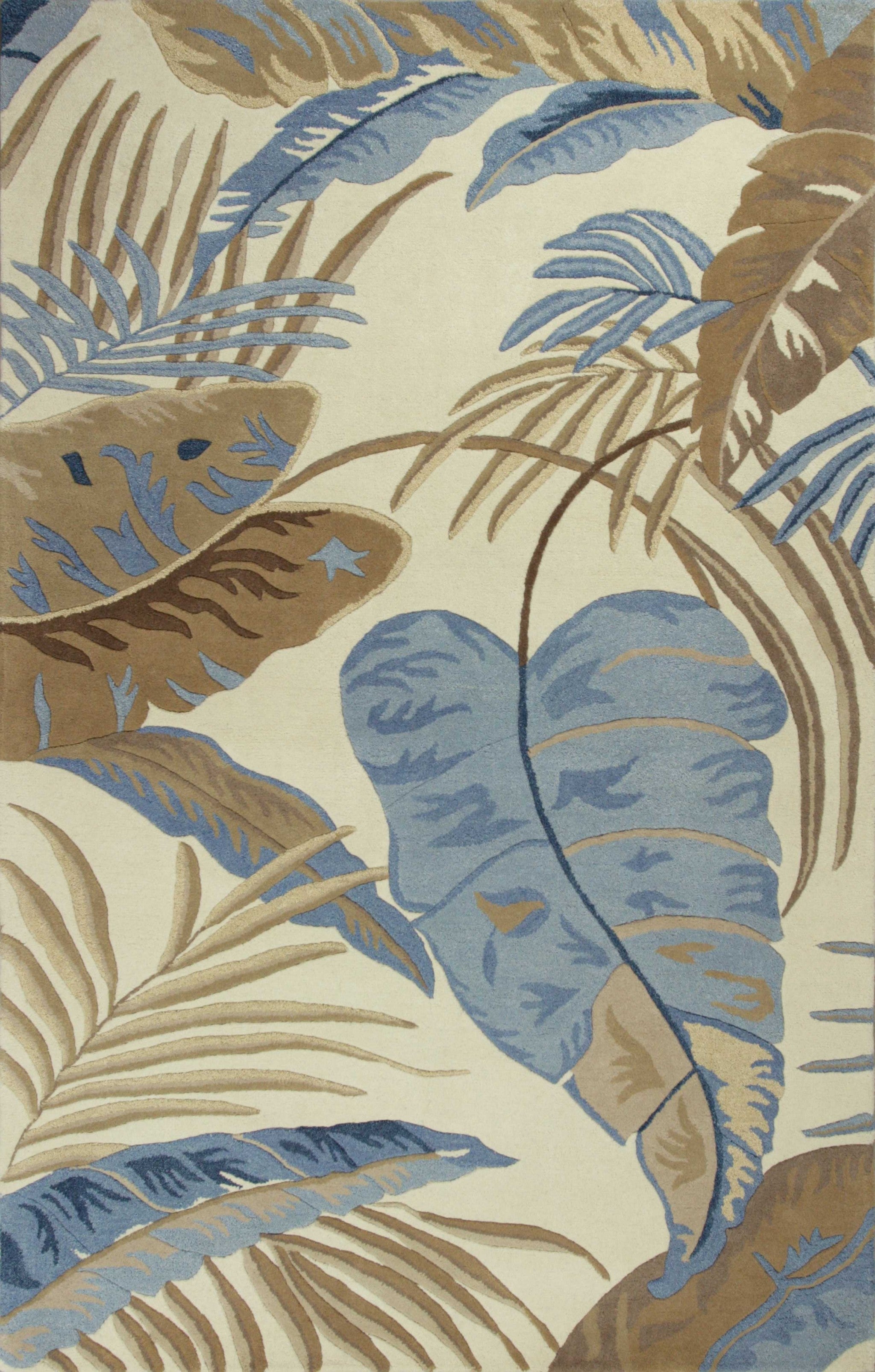 3'x5' Ivory Blue Hand Tufted Tropical Leaves Indoor Area Rug Default Title