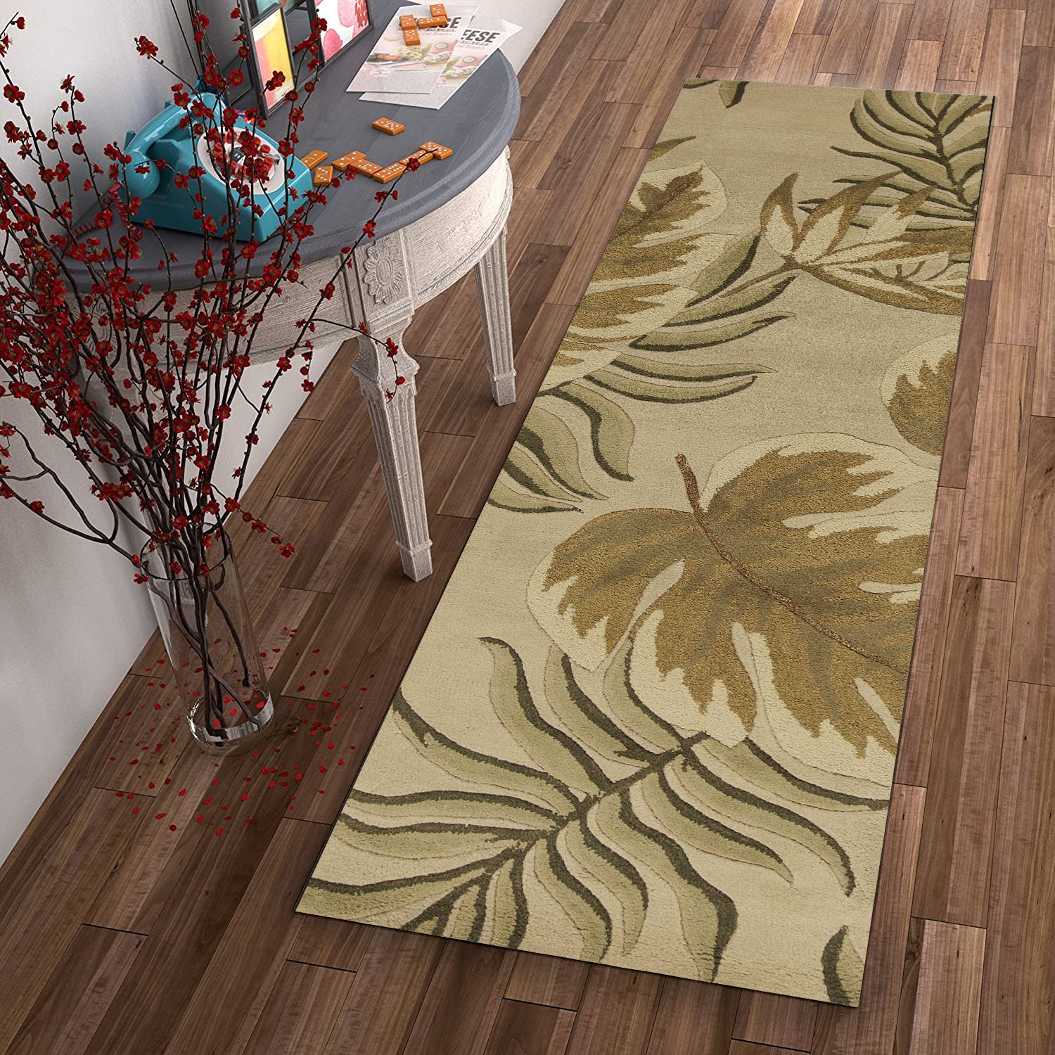 2' x 8' Sand Leaves Wool Runner Rug