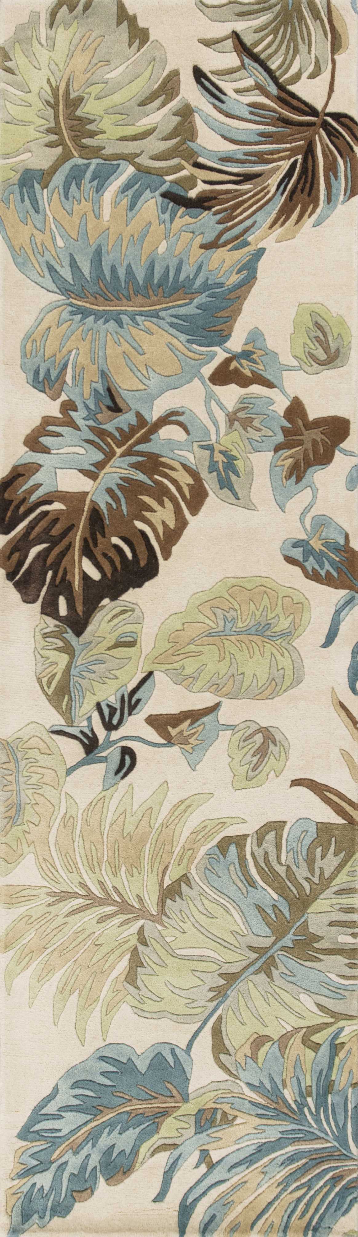 8' Ivory Blue Hand Tufted Tropical Leaves Indoor Runner Rug Default Title