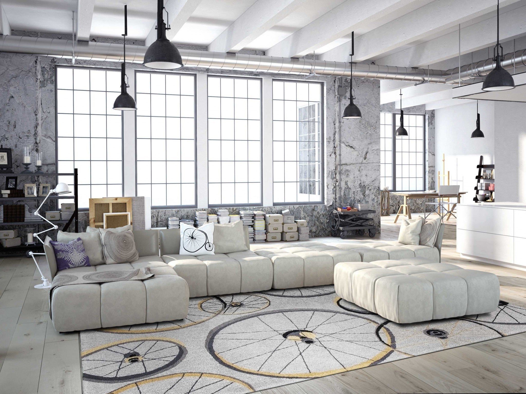 5'x8' Grey Hand Hooked Wheels Indoor Area Rug