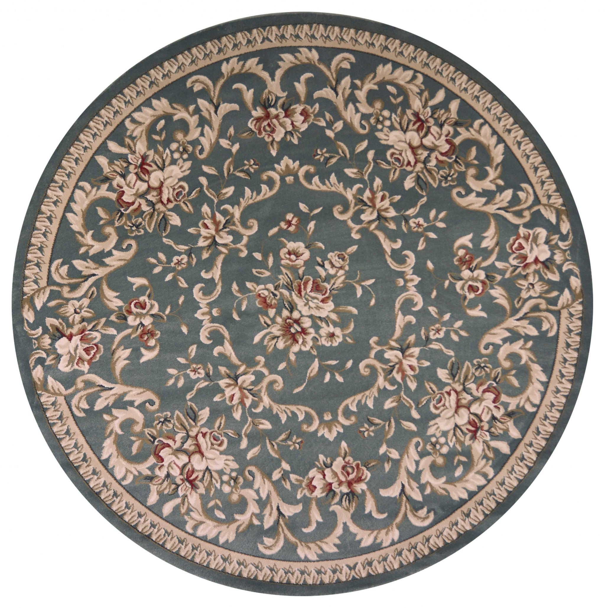 8' Round Slate Blue Floral Vine Bordered Indoor Area Rug Default Title