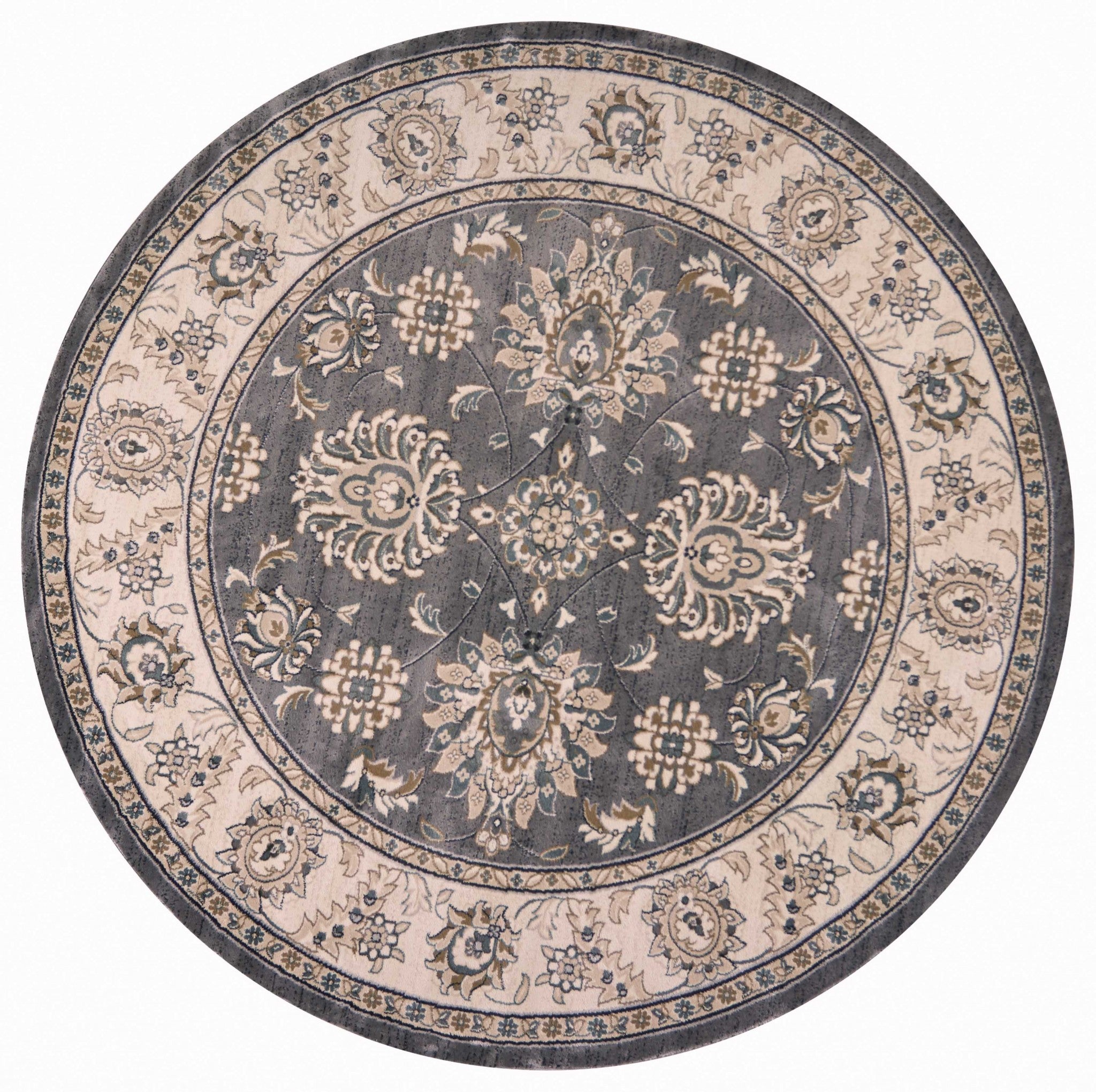 8' Grey Ivory Floral Round Indoor Area Rug Default Title