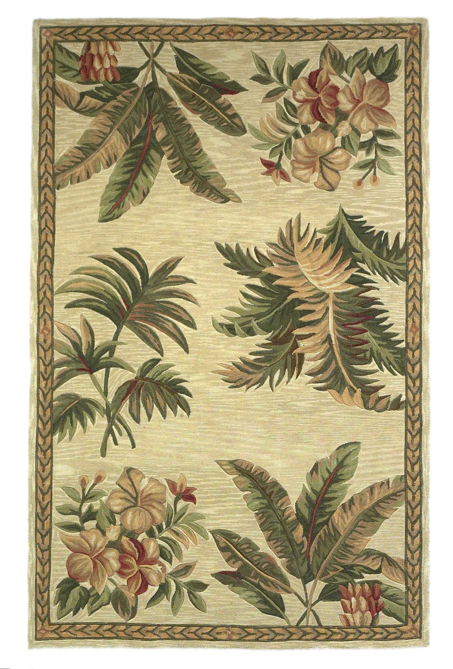 4'x6' Ivory Hand Tufted Bordered Tropical Plants Indoor Area Rug Default Title