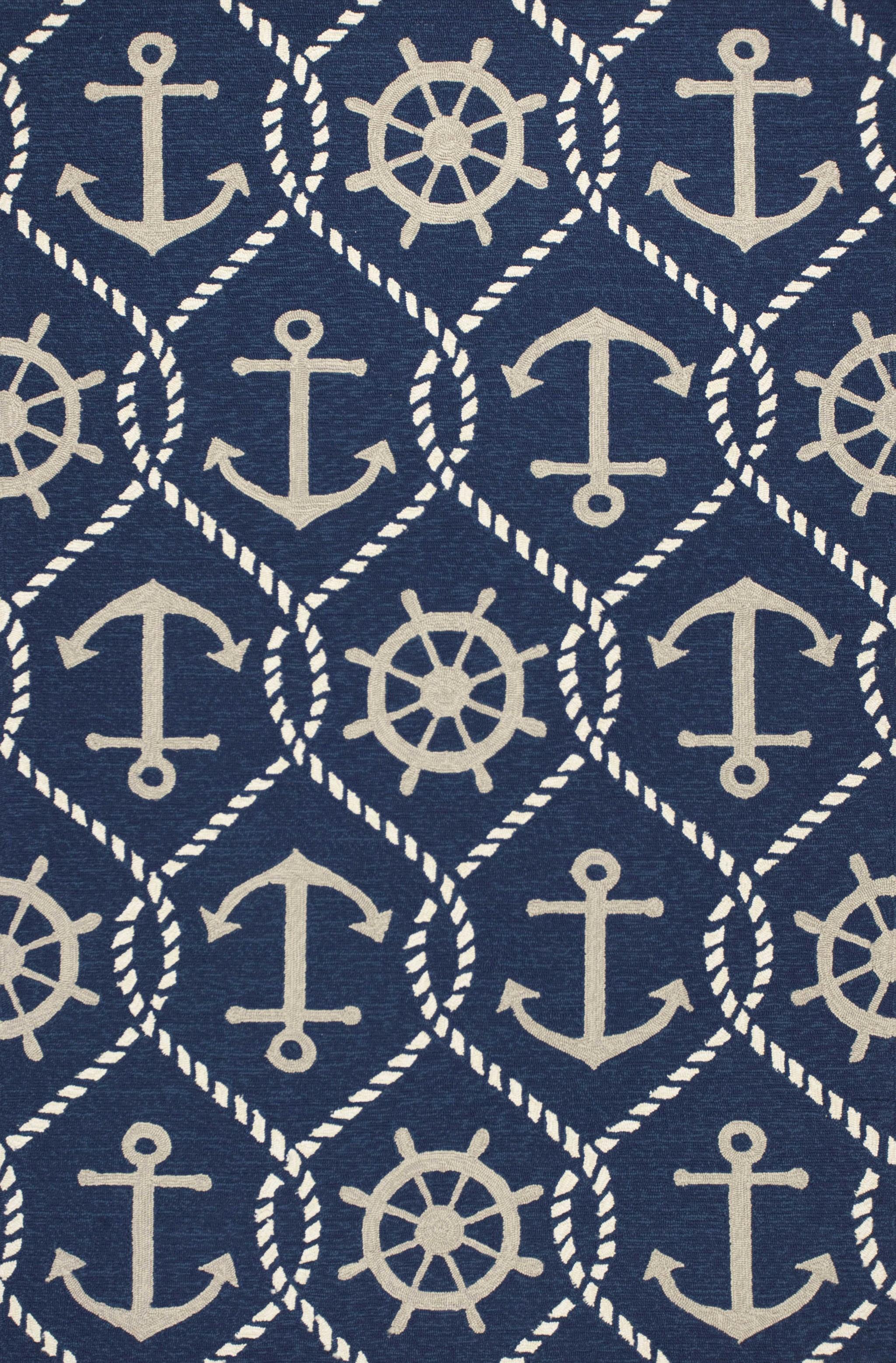 5'x8' Navy Blue Hand Hooked UV Treated Nautical Indoor Outdoor Area Rug