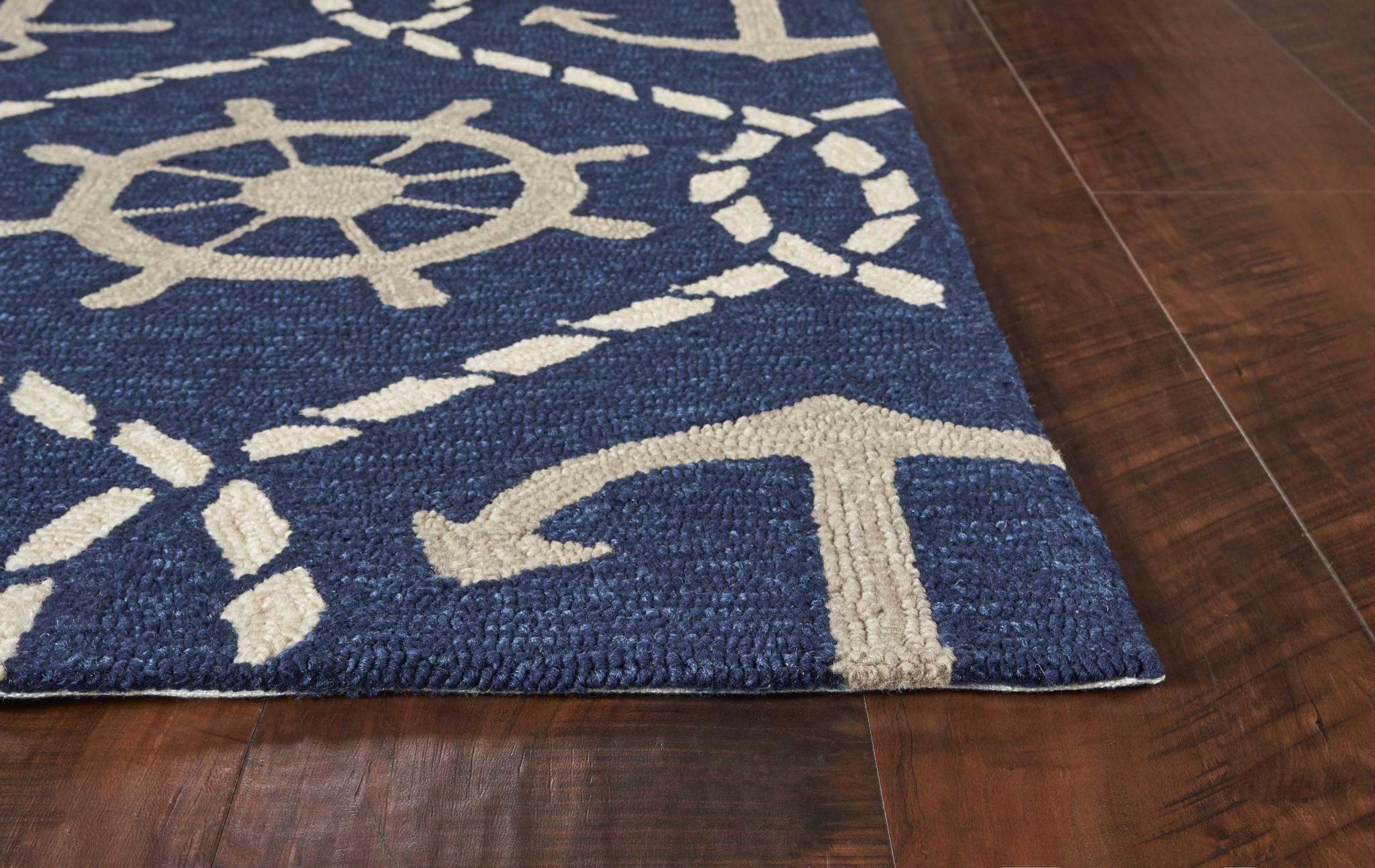 5'x8' Navy Blue Hand Hooked UV Treated Nautical Indoor Outdoor Area Rug