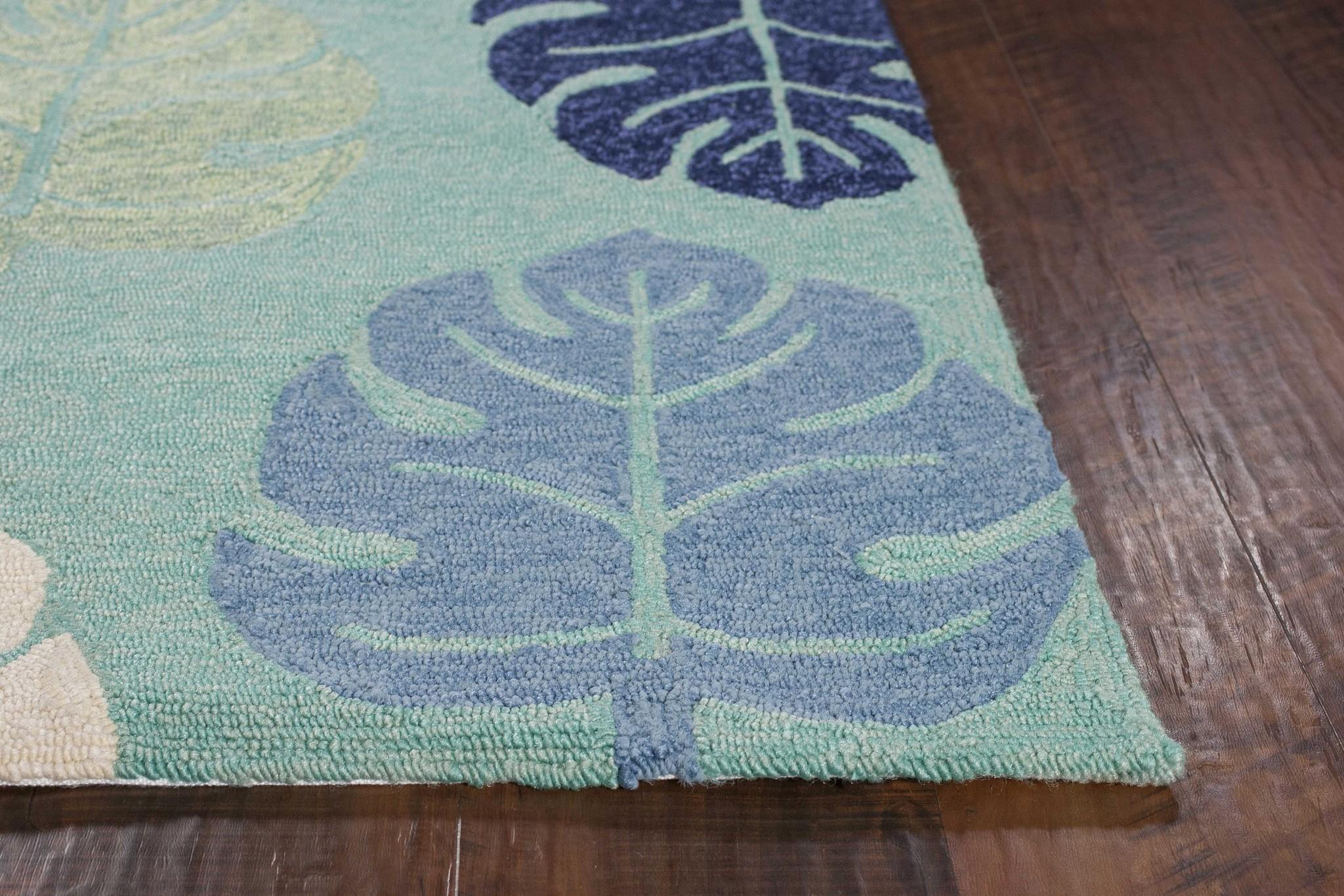 5'x8' Turquoise Blue Hand Hooked UV Treated Tropical Leaves Indoor Outdoor Area Rug