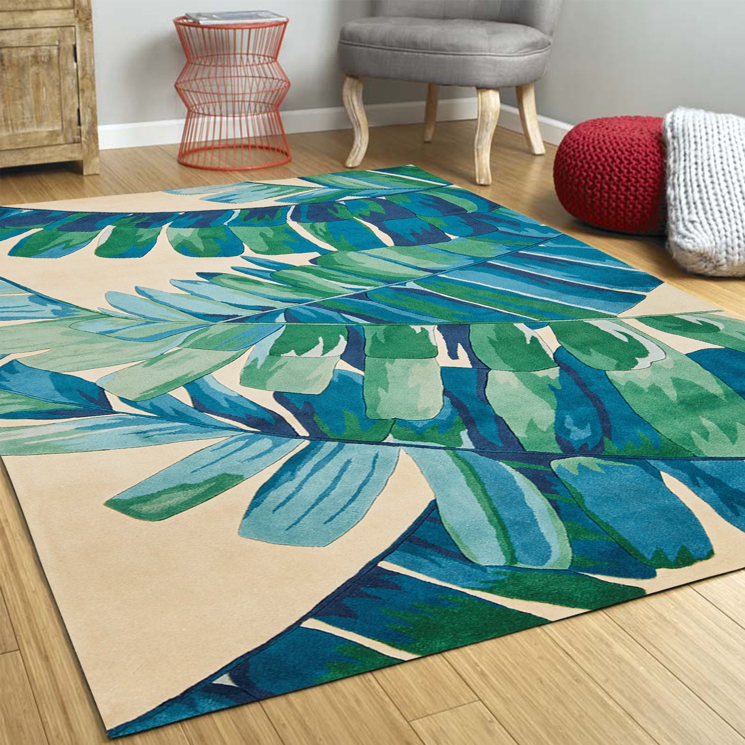 2' x 8' Ivory or Blue Laguna Leaves Wool Indoor Runner Rug