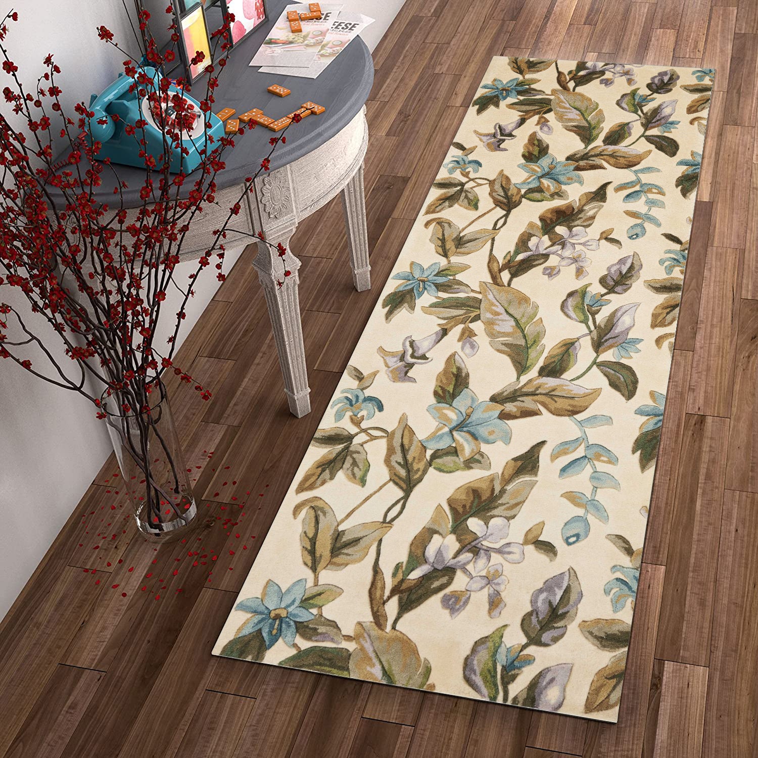 2' x 8'  Runner Wool Ivory or Teal Area Rug