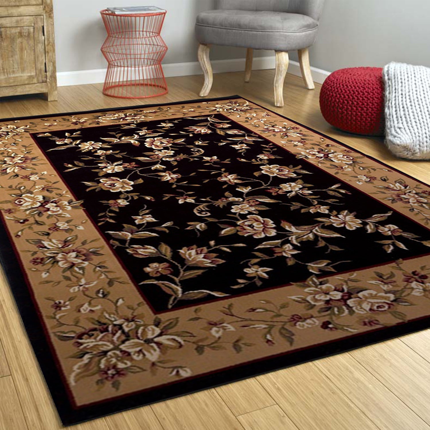Black And Beige Octagon Floral Vines Area Rug Default Title