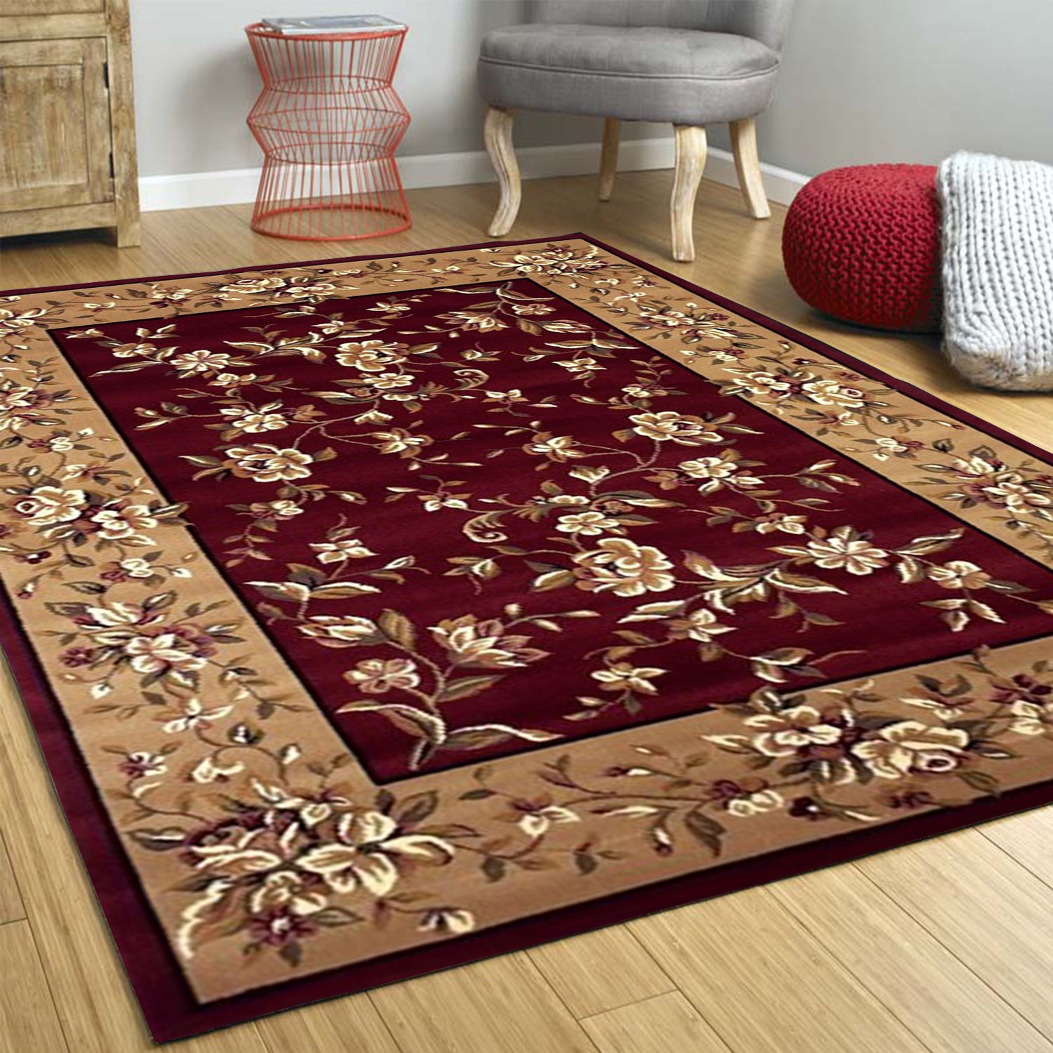 Red And Beige Octagon Floral Vines Area Rug Default Title