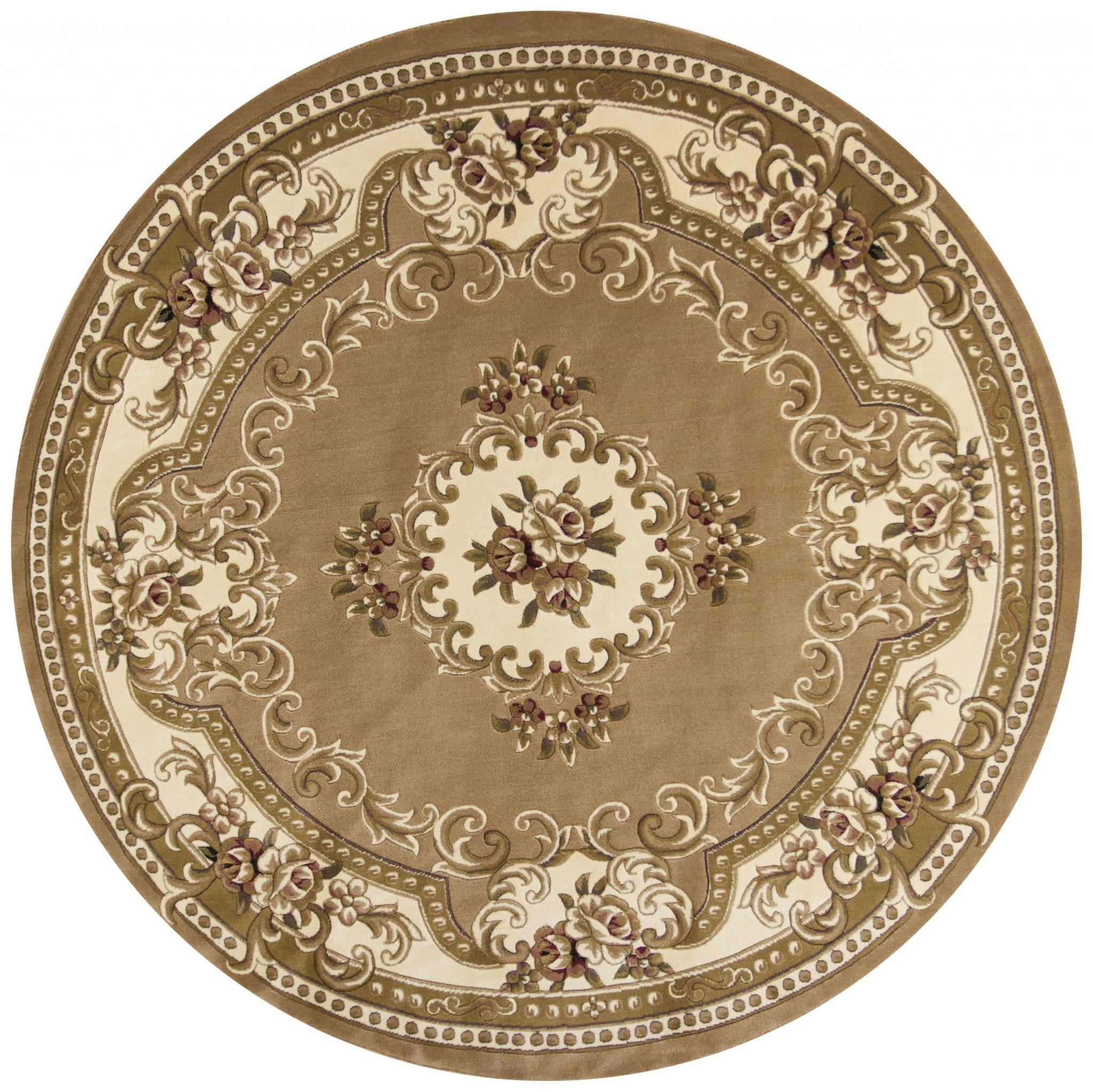 8' Beige Ivory Machine Woven Hand Carved Floral Medallion Round Indoor Area Rug Default Title