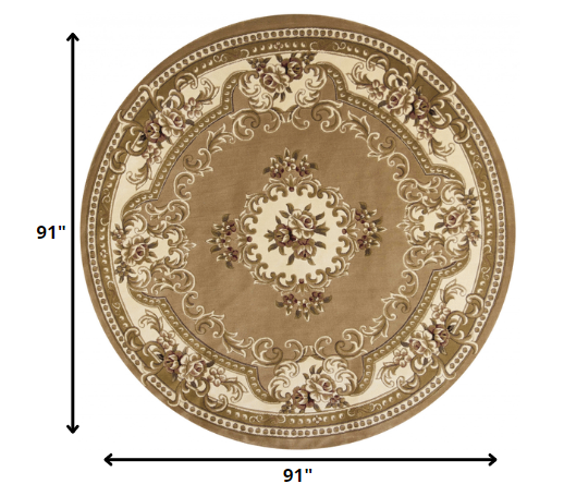 8' Beige Ivory Machine Woven Hand Carved Floral Medallion Round Indoor Area Rug