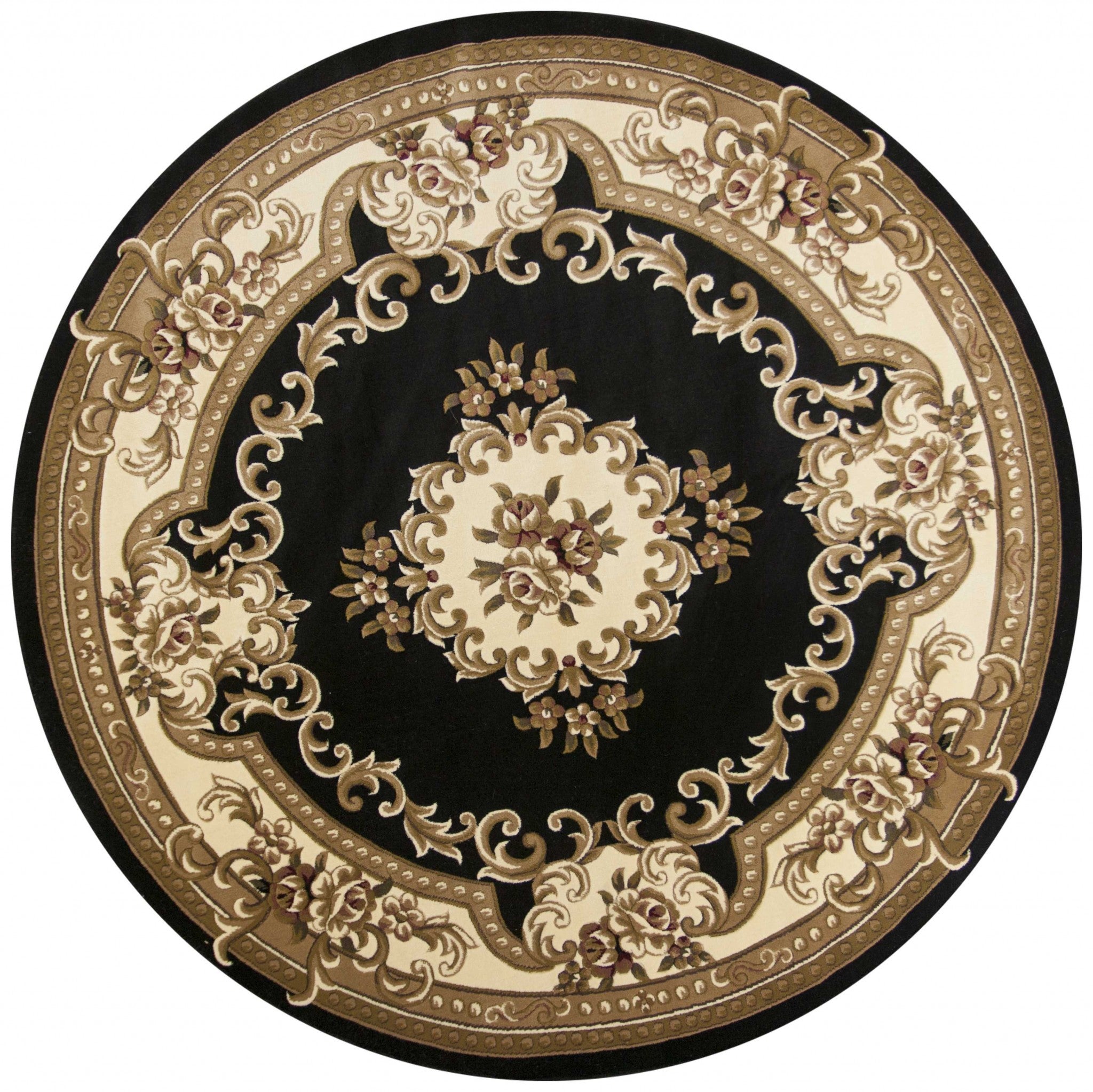 7' Round Black or Ivory Floral Bordered Indoor Area Rug Default Title