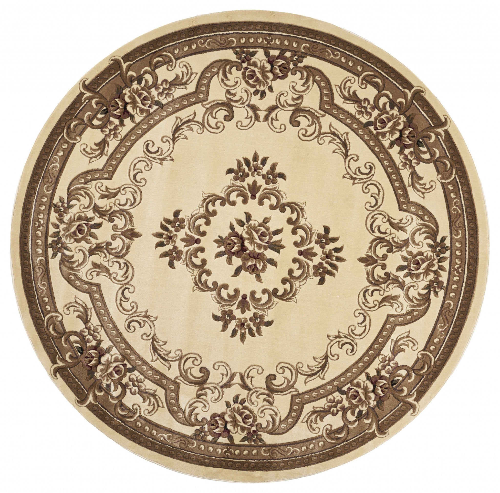 8' Ivory Machine Woven Hand Carved Floral Medallion Round Indoor Area Rug Default Title
