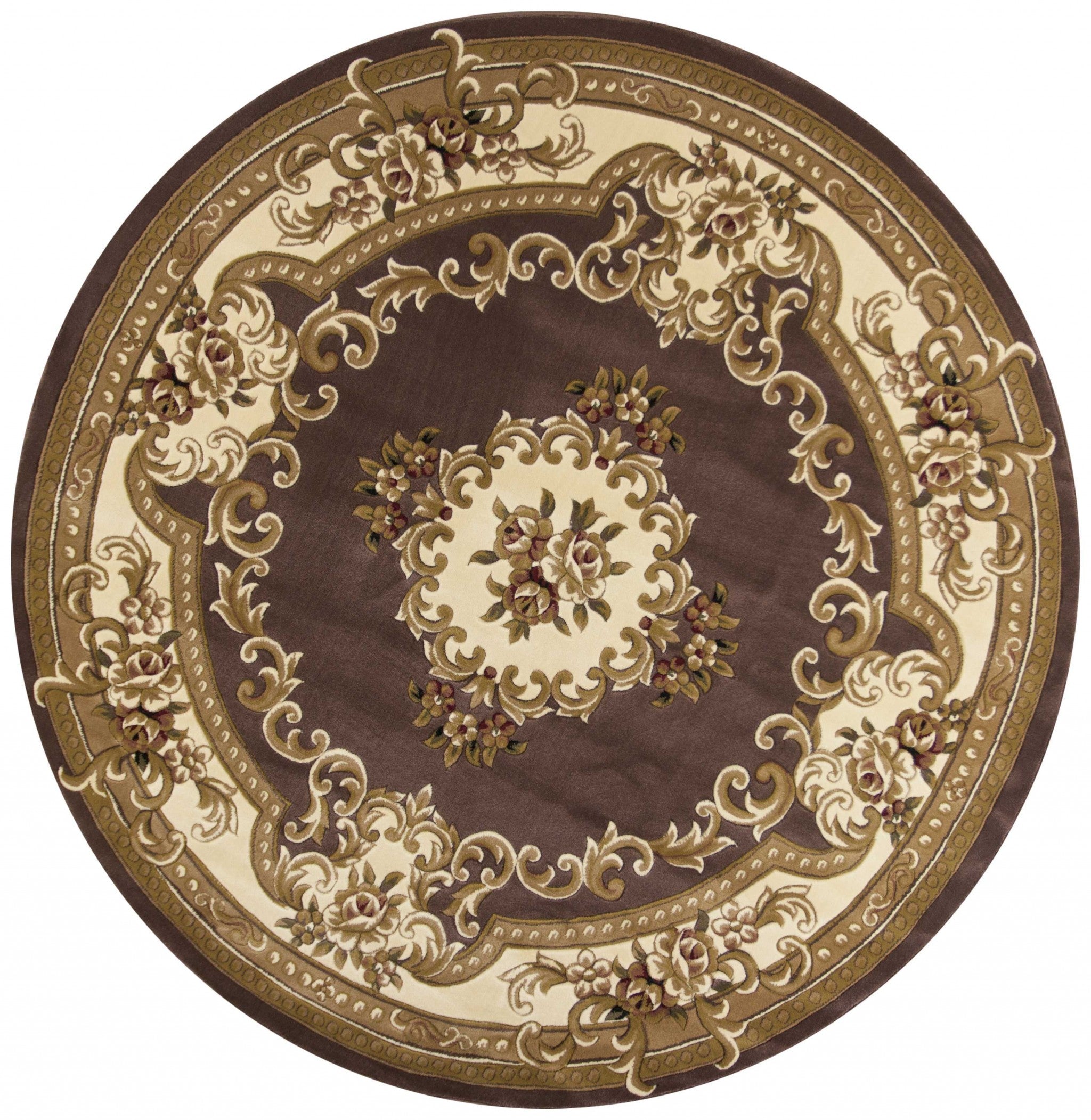 8' Plum Ivory Machine Woven Hand Carved Floral Medallion Round Indoor Area Rug Default Title