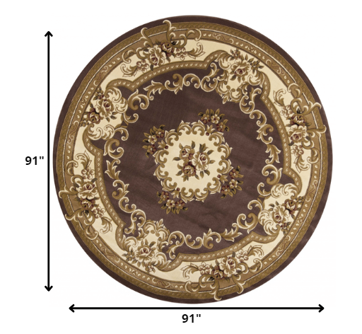 8' Plum Ivory Machine Woven Hand Carved Floral Medallion Round Indoor Area Rug