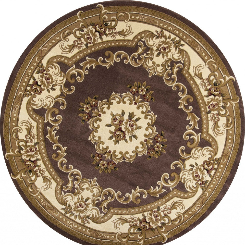 8' Plum Ivory Machine Woven Hand Carved Floral Medallion Round Indoor Area Rug