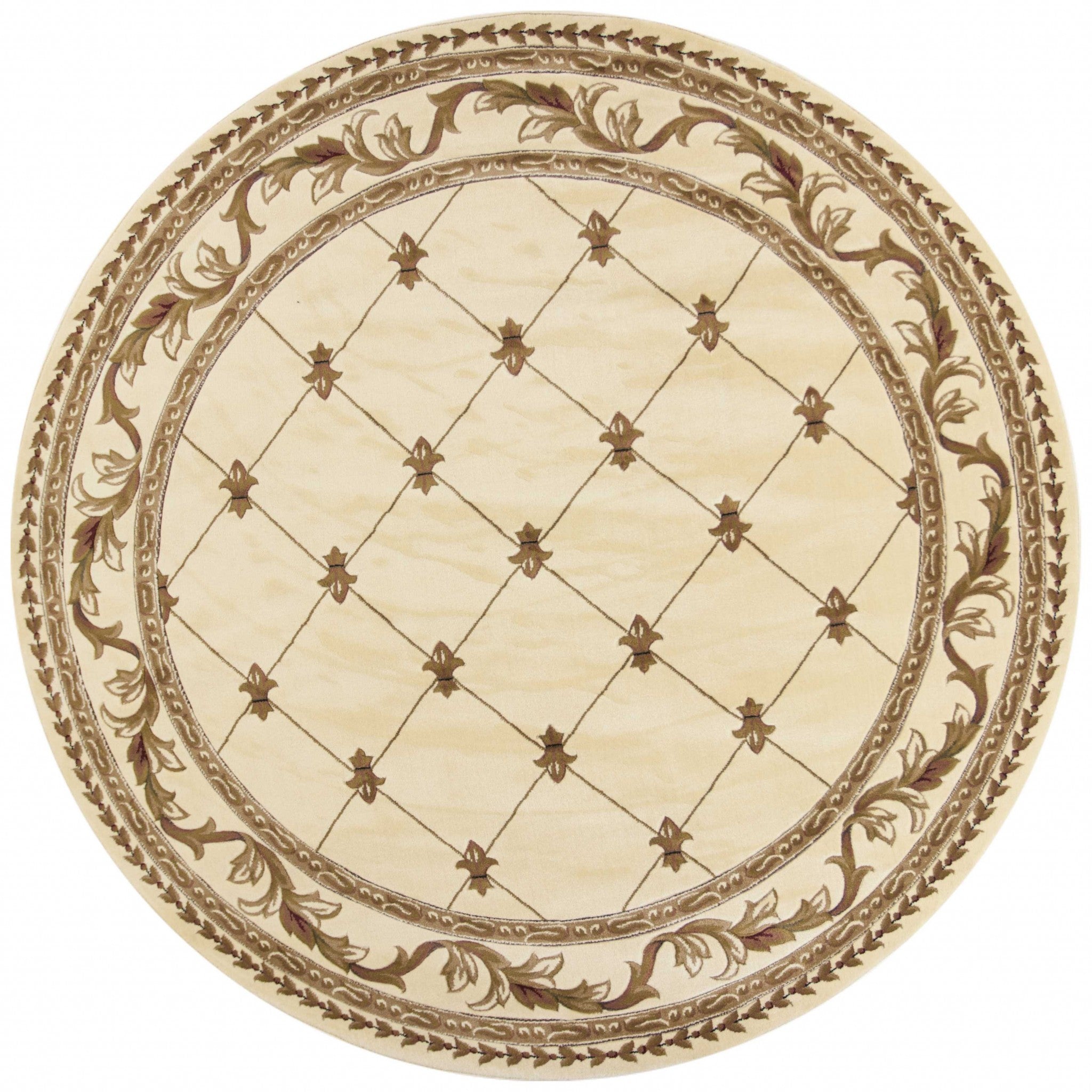 8' Ivory Machine Woven Hand Carved Fleur De Lis Round Indoor Area Rug Default Title