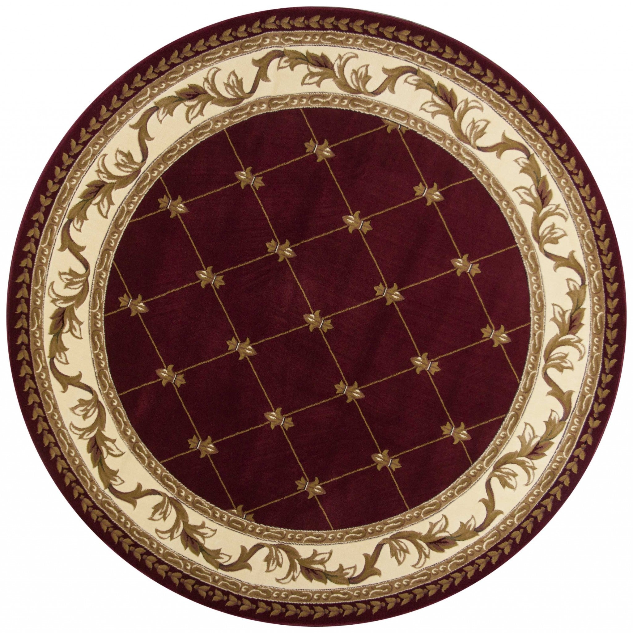 7' Round Burgundy Diamond Fleur de Lis Bordered Indoor Area Rug Default Title