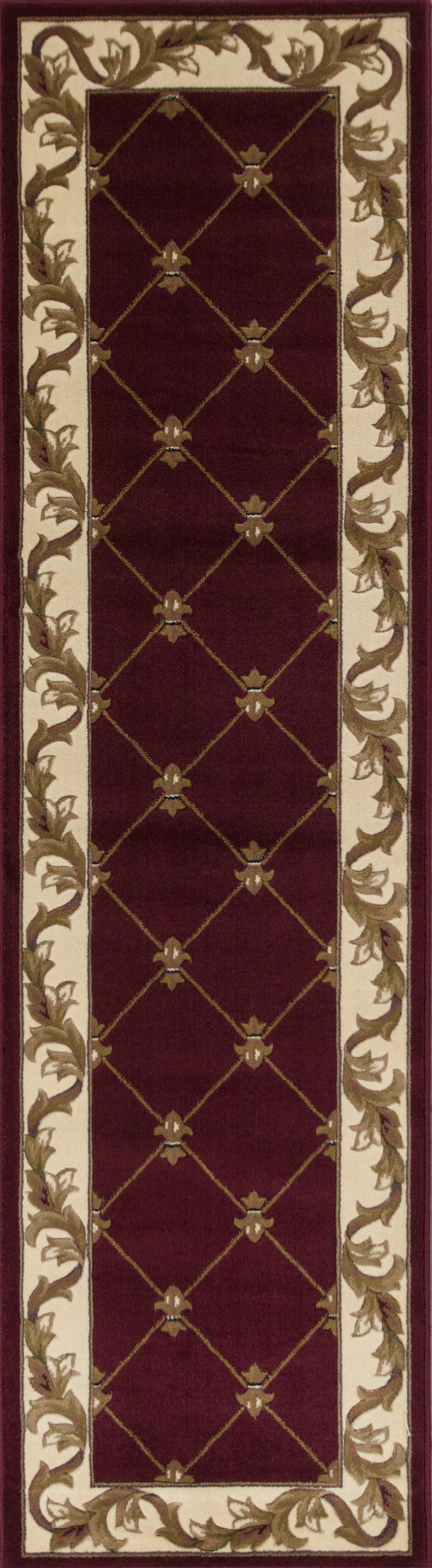 7' Round Burgundy Diamond Fleur de Lis Bordered Indoor Area Rug
