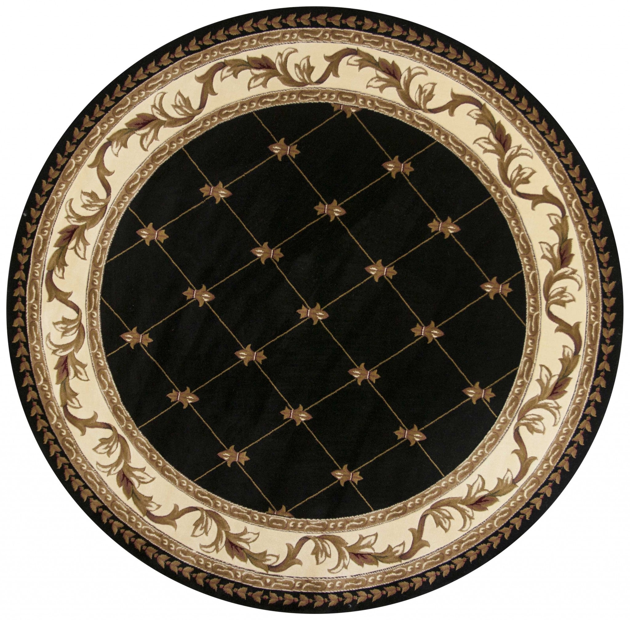 7' Round Black Diamond Fleur de Lis Bordered Indoor Area Rug Default Title