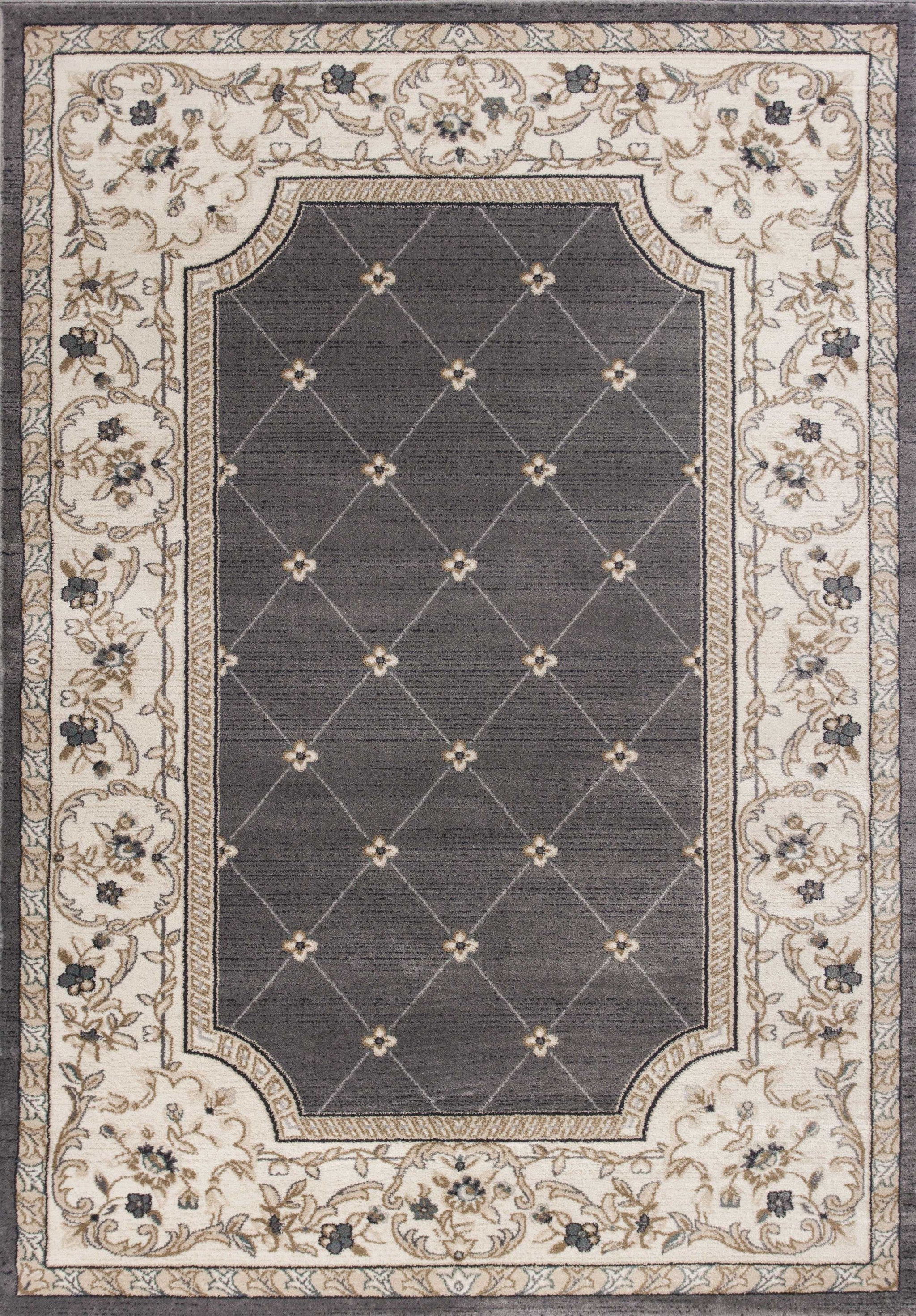 8' x 10' Grey or Ivory Diamond Floral Bordered Indoor Area Rug