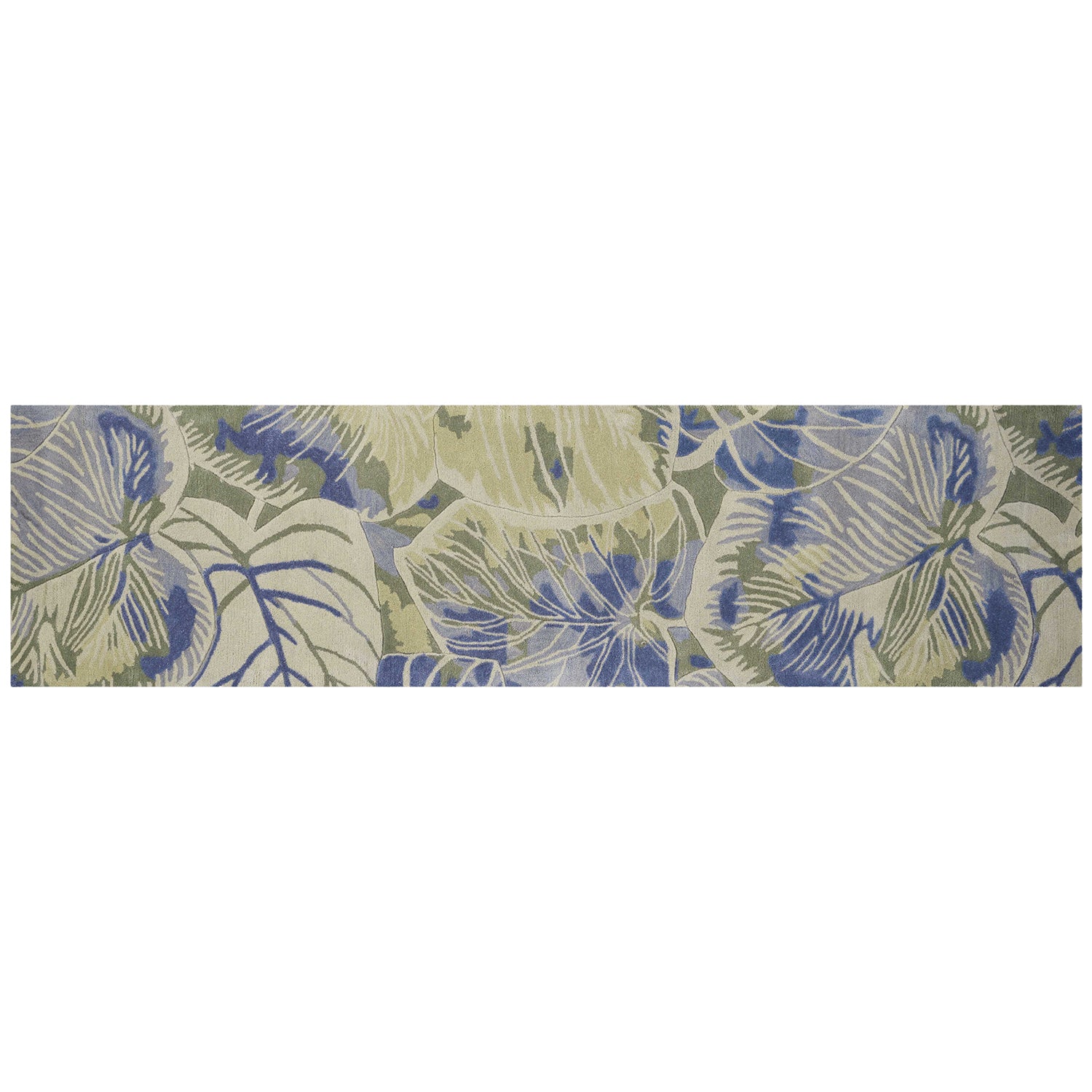 2' x 10' Blue or Green Oversized Leaves Wool Indoor Runner Rug