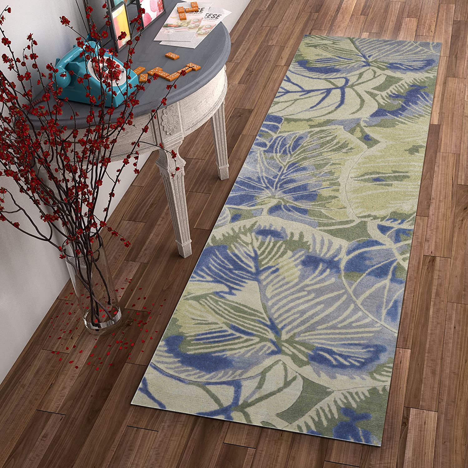 2' x 10' Blue or Green Oversized Leaves Wool Indoor Runner Rug