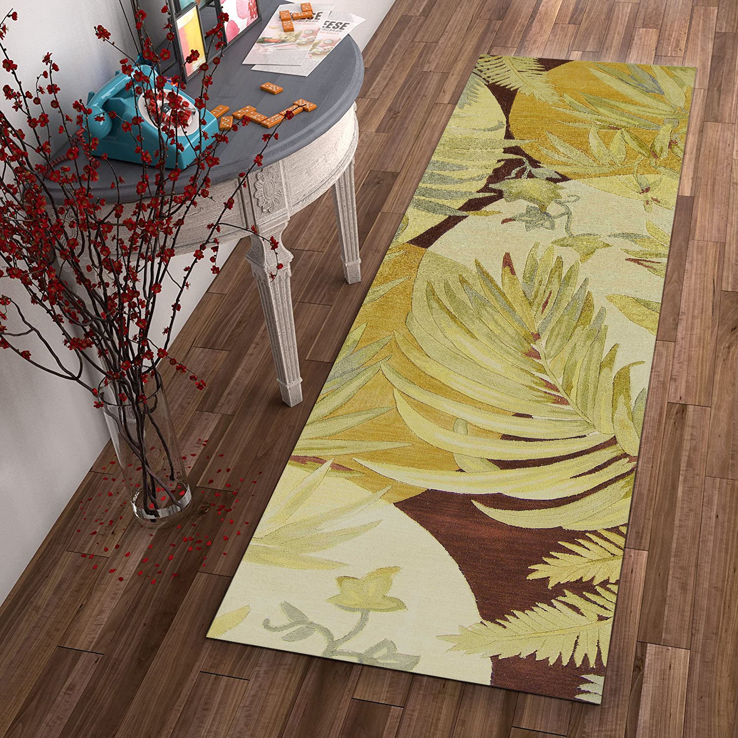 10' Coral Ivory Hand Tufted Tropical Plants Indoor Runner Rug