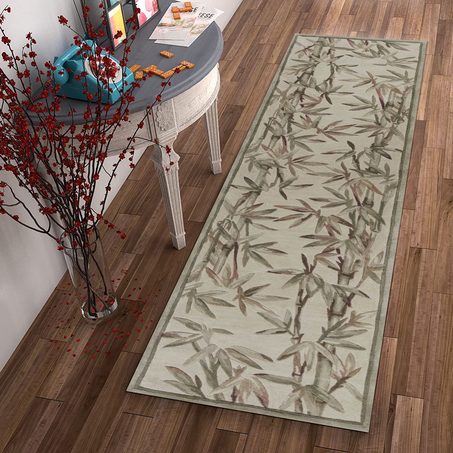 2' x 10' Ivory Bamboo Leaves Wool Indoor Runner Rug