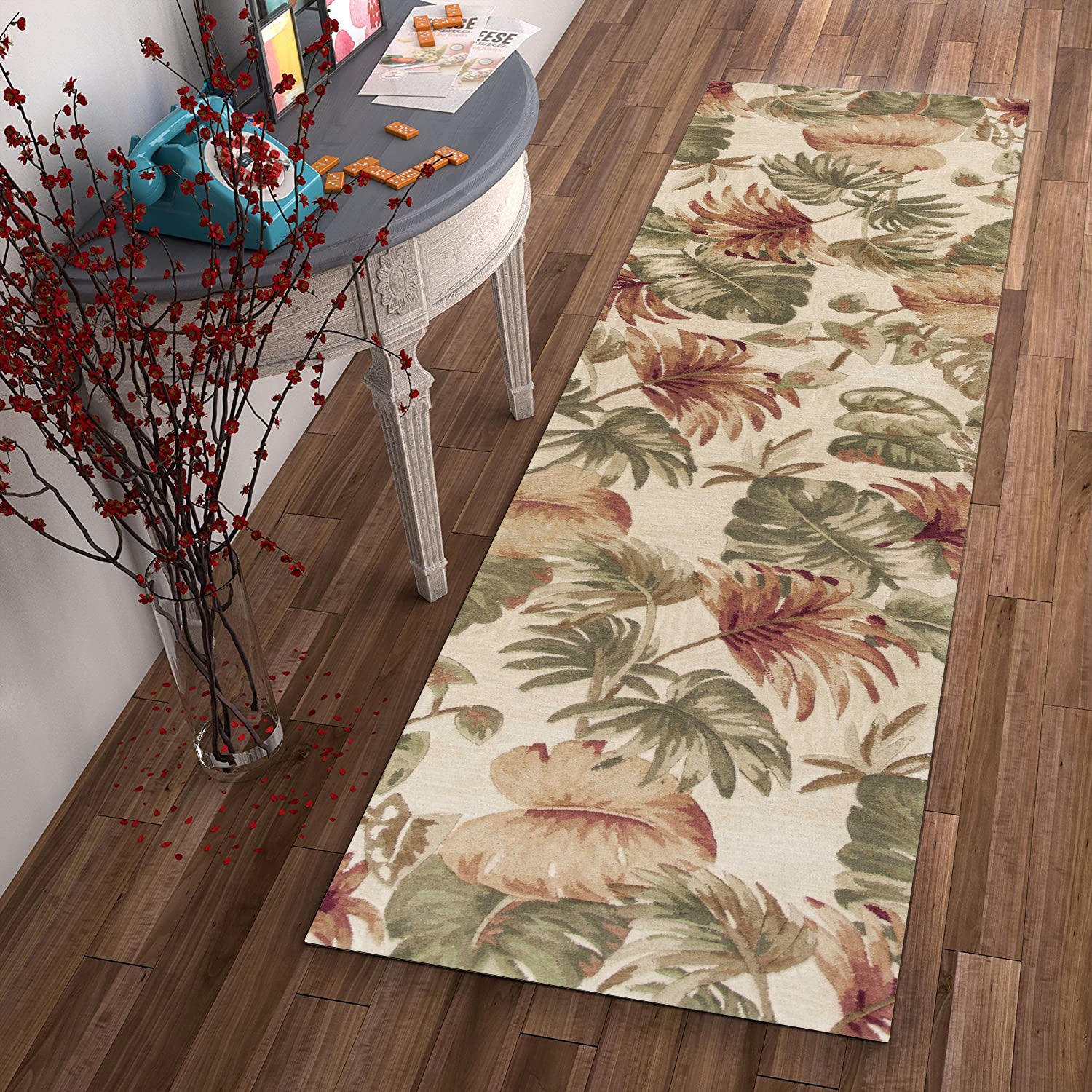 2' x 10' Beige Palm Leaves Wool Indoor Runner Rug