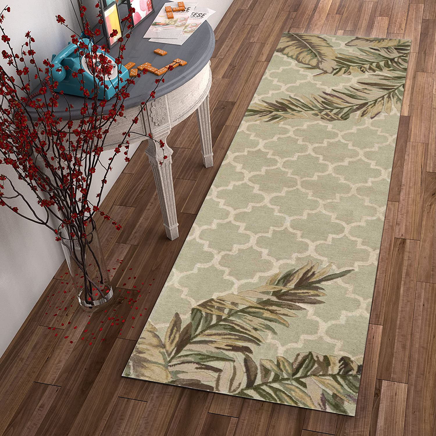 2' x 10' Sage Tropical Leaves Mosaic Wool Indoor Runner Rug