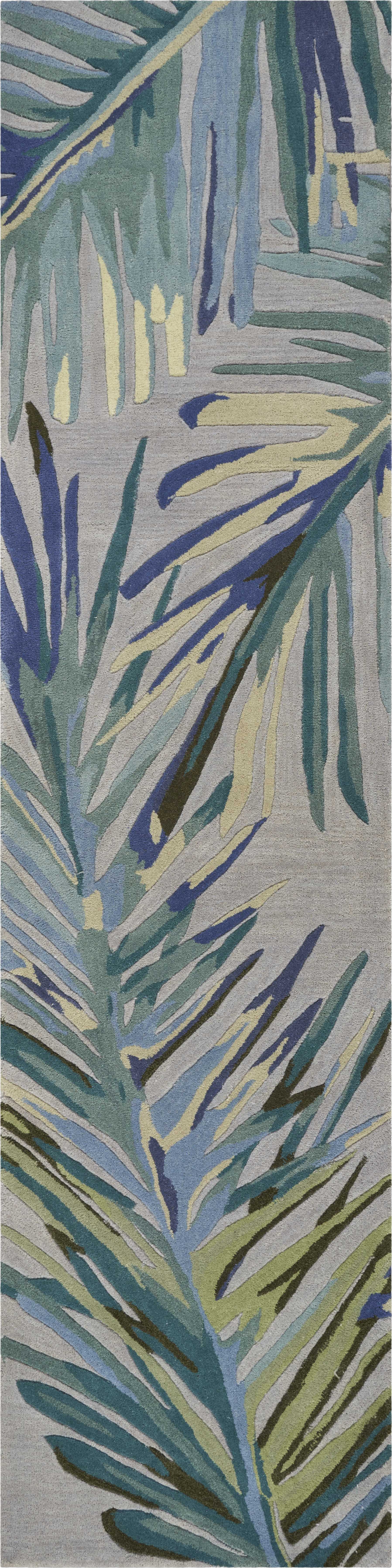 2' x 10' Grey or Blue Tropical Leaves Wool Indoor Runner Rug