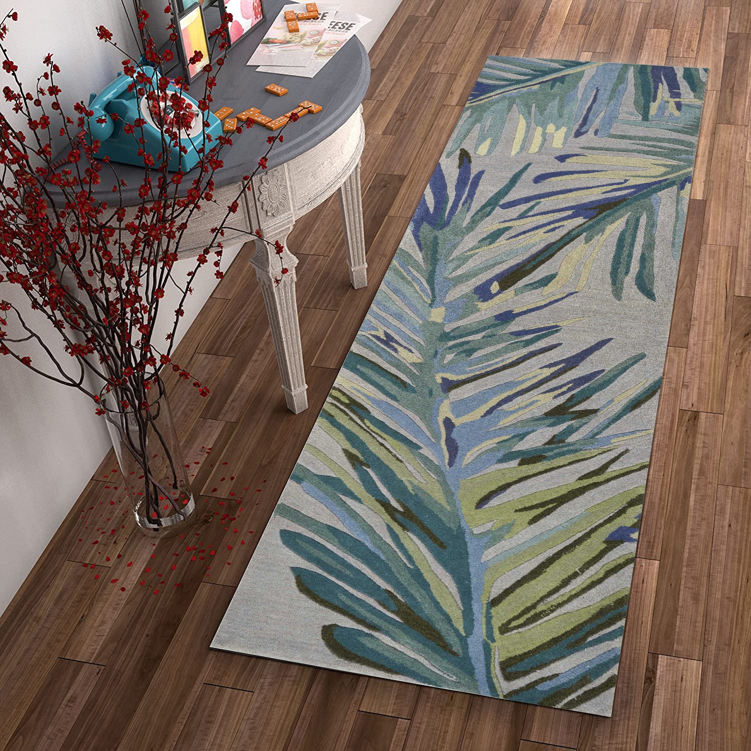 2' x 10' Grey or Blue Tropical Leaves Wool Indoor Runner Rug