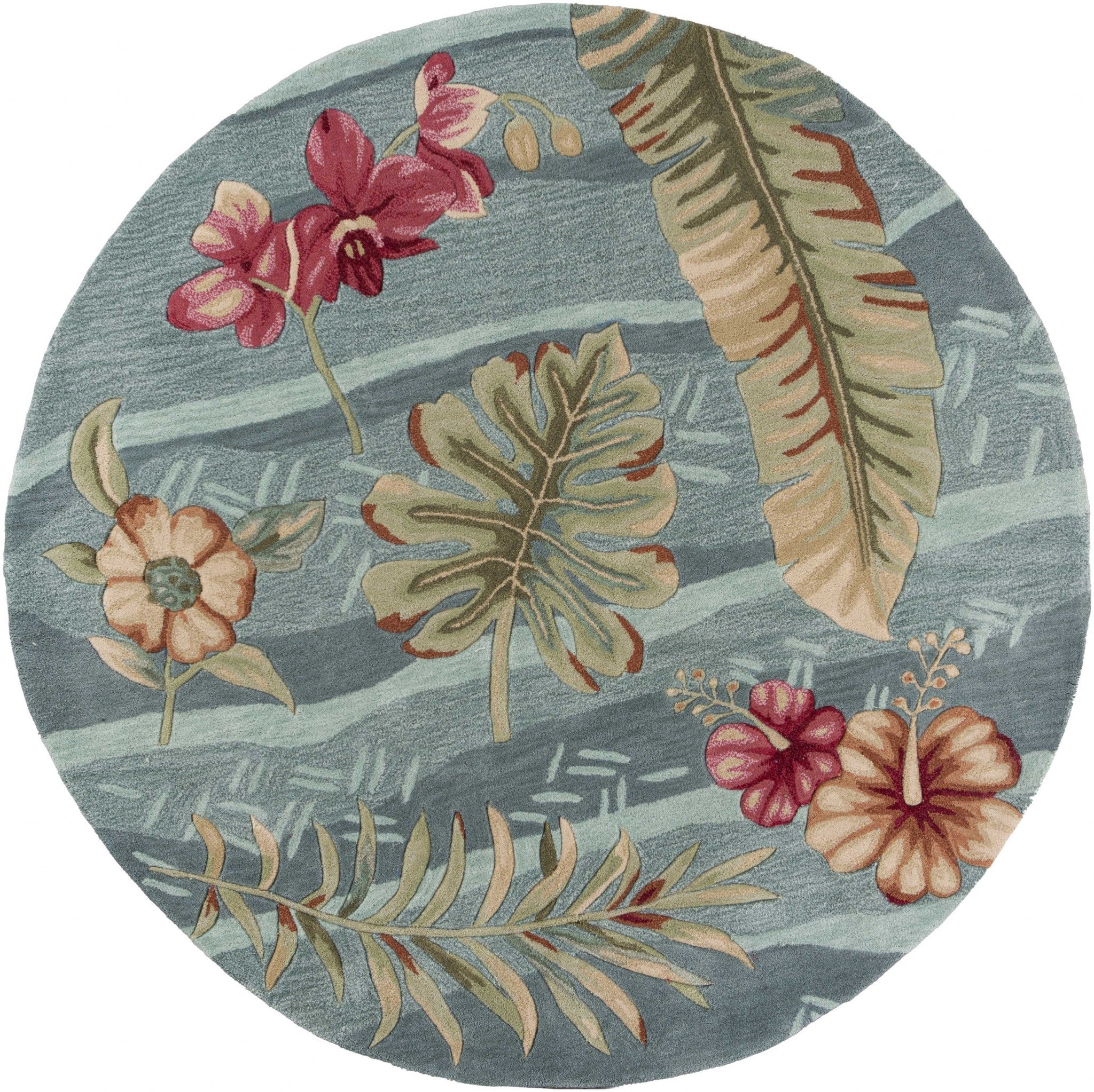 6' Seafoam Green Hand Tufted Tropical Plants Round Indoor Area Rug Default Title