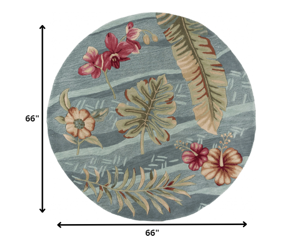 6' Seafoam Green Hand Tufted Tropical Plants Round Indoor Area Rug